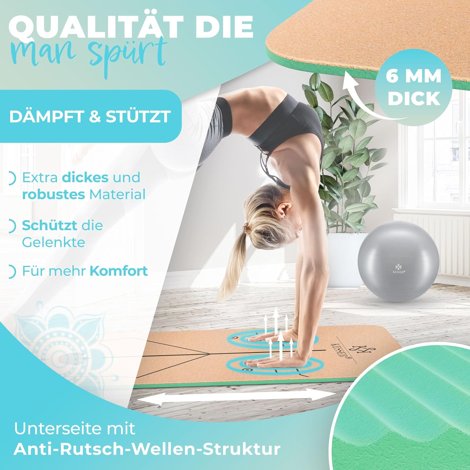 KESSER® Yogamatte aus Kork mit Tragegurttasche & Yogablock, Gymnastikmatte, Yogamatte, rutschfest, Naturkautschuk, TPE-Fitnessmatte, 183 x 62 cm, Trainingsmatte für Fitness, Sportmatte, Gymnastik, extra dick – Bild 3