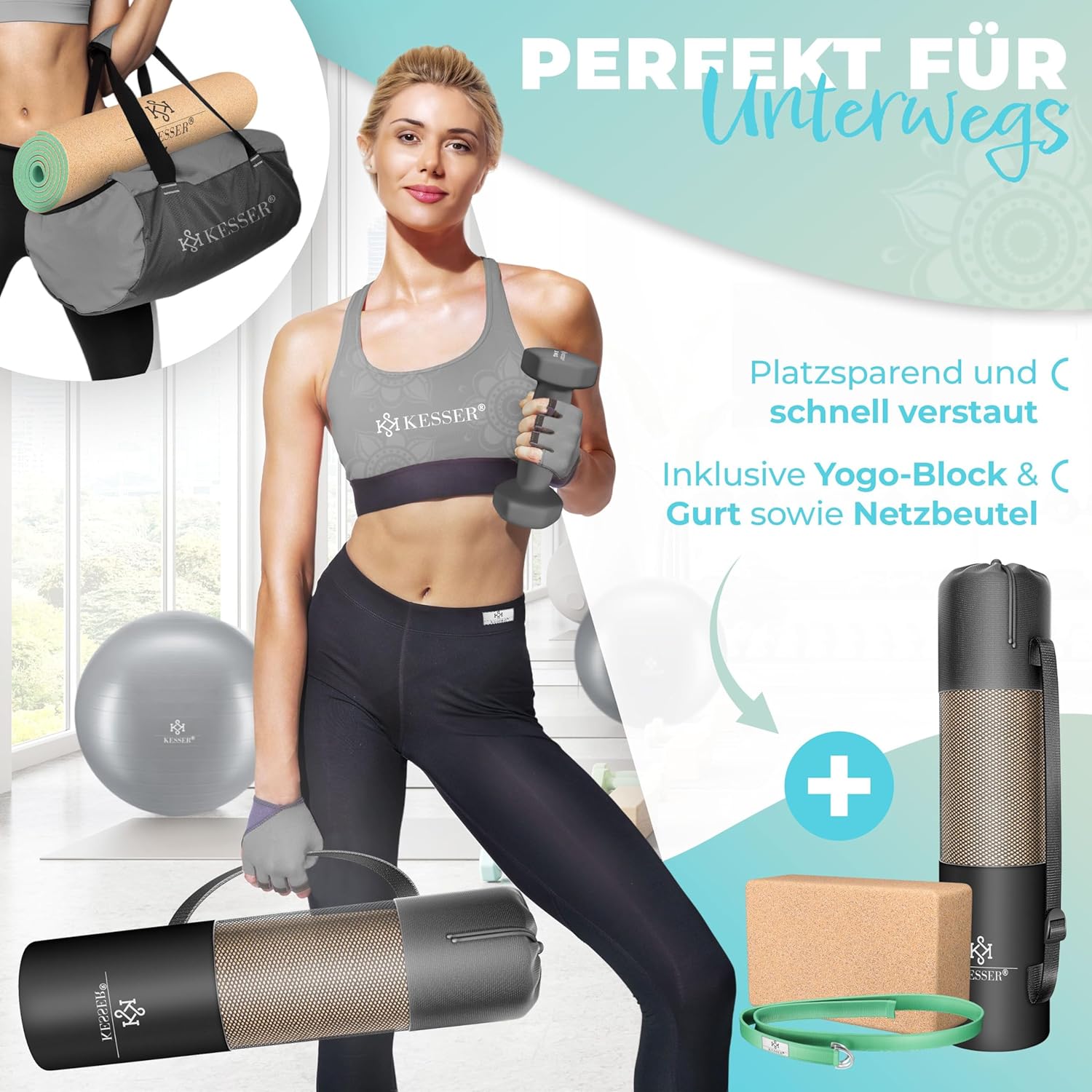 KESSER® Yogamatte aus Kork mit Tragegurttasche & Yogablock, Gymnastikmatte, Yogamatte, rutschfest, Naturkautschuk, TPE-Fitnessmatte, 183 x 62 cm, Trainingsmatte für Fitness, Sportmatte, Gymnastik, extra dick – Bild 4