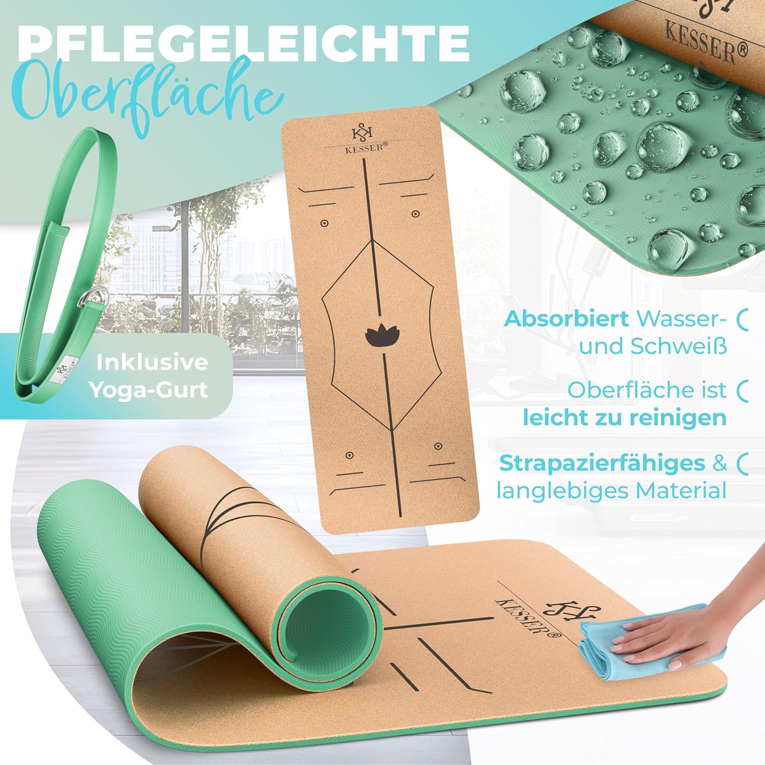 KESSER® Yogamatte aus Kork mit Tragegurttasche & Yogablock, Gymnastikmatte, Yogamatte, rutschfest, Naturkautschuk, TPE-Fitnessmatte, 183 x 62 cm, Trainingsmatte für Fitness, Sportmatte, Gymnastik, extra dick – Bild 5