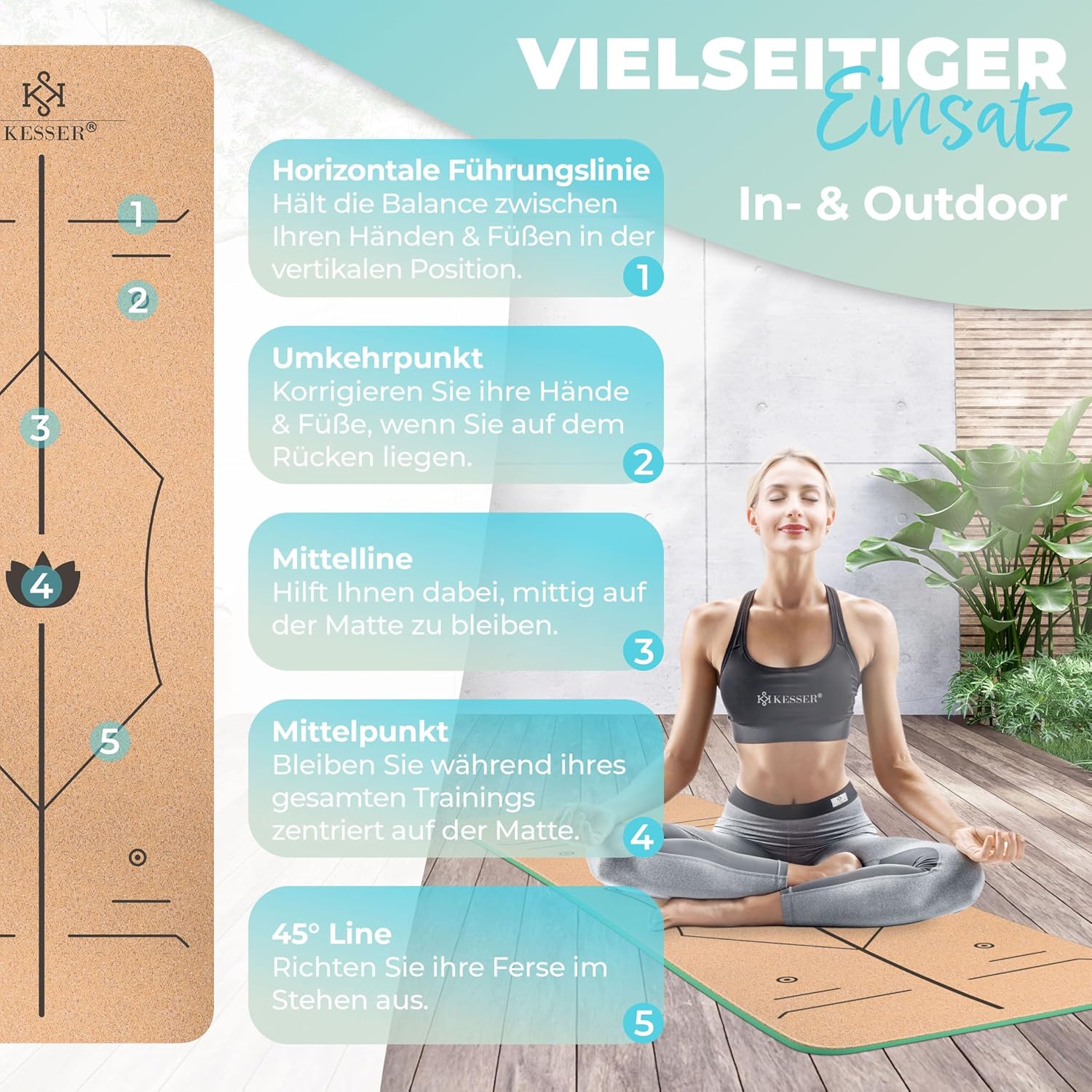 KESSER® Yogamatte aus Kork mit Tragegurttasche & Yogablock, Gymnastikmatte, Yogamatte, rutschfest, Naturkautschuk, TPE-Fitnessmatte, 183 x 62 cm, Trainingsmatte für Fitness, Sportmatte, Gymnastik, extra dick – Bild 6