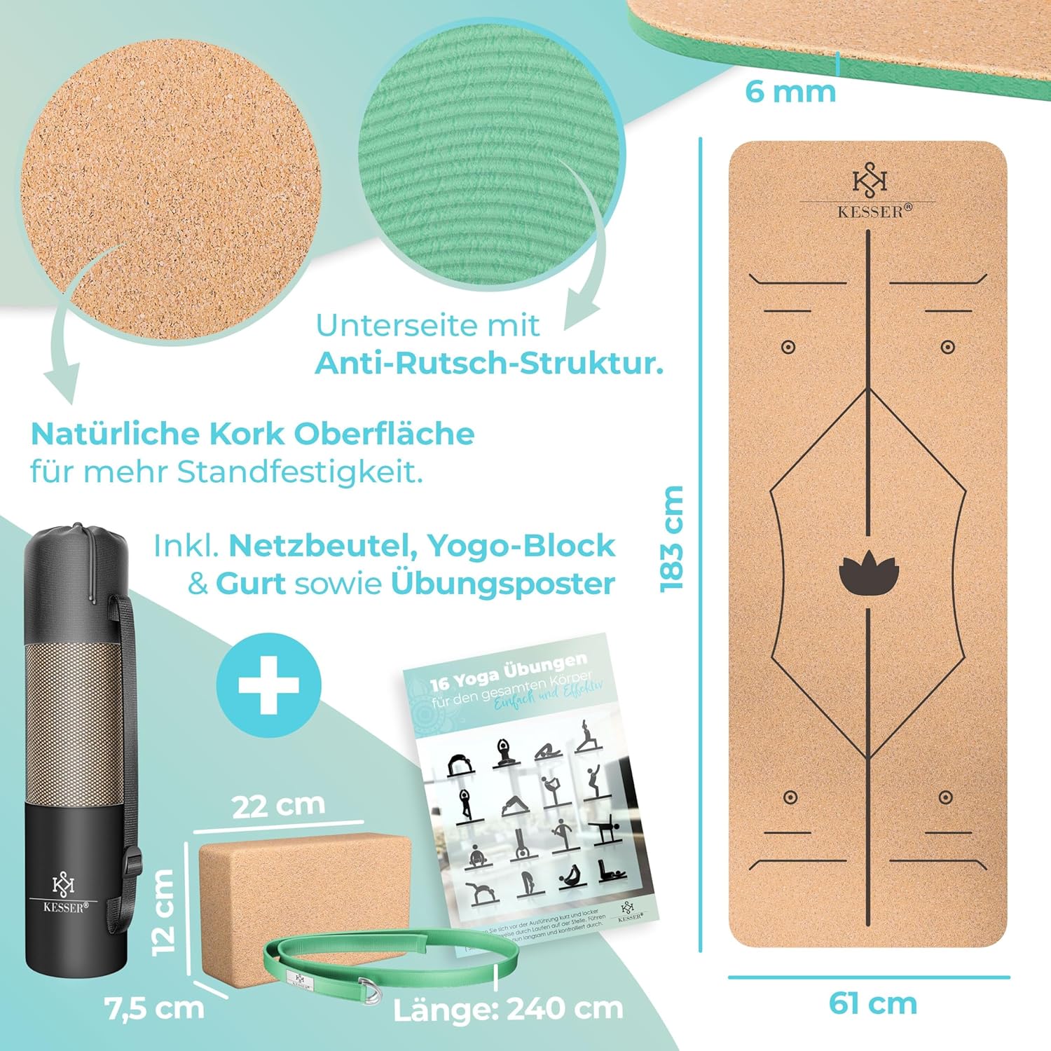 KESSER® Yogamatte aus Kork mit Tragegurttasche & Yogablock, Gymnastikmatte, Yogamatte, rutschfest, Naturkautschuk, TPE-Fitnessmatte, 183 x 62 cm, Trainingsmatte für Fitness, Sportmatte, Gymnastik, extra dick – Bild 7
