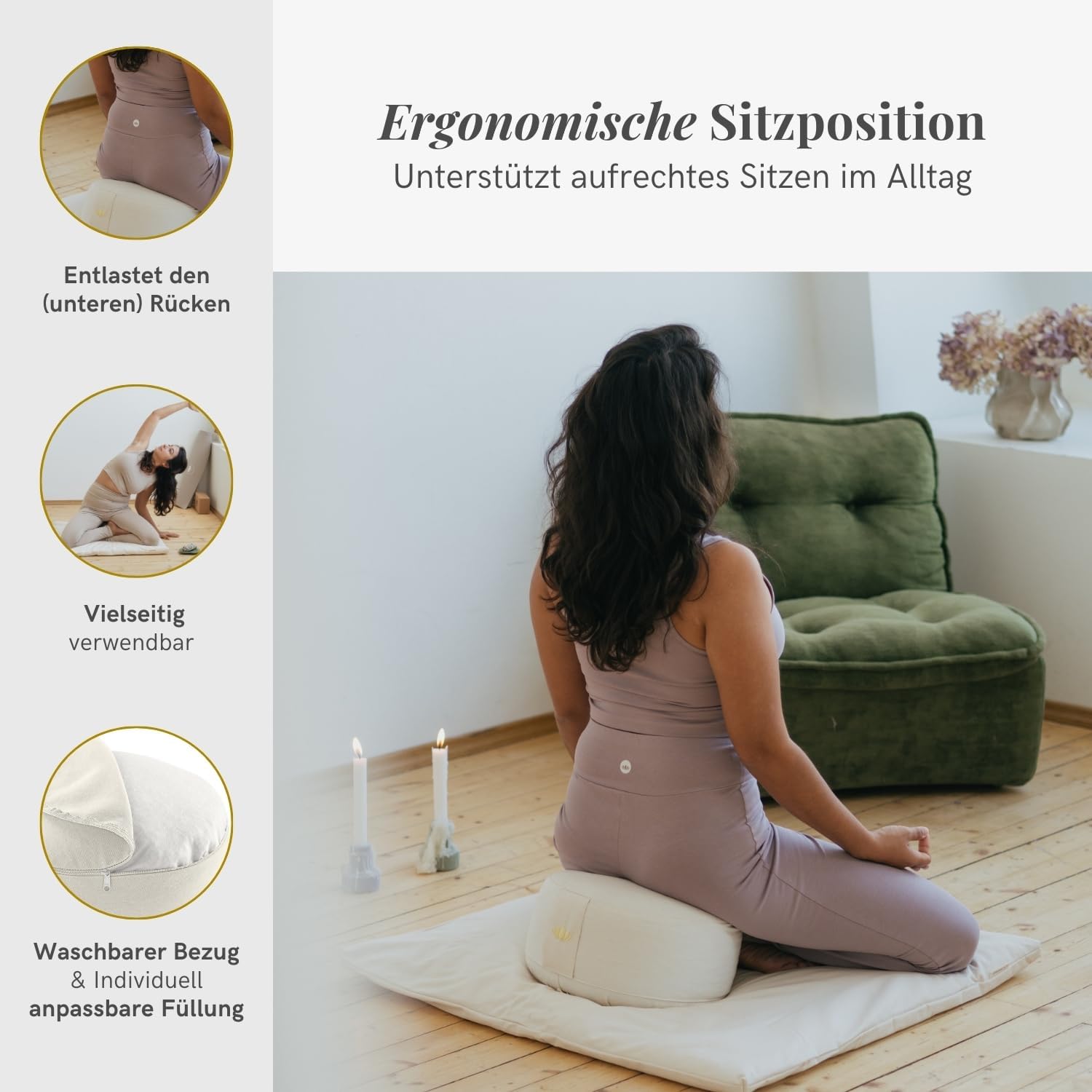 Lotuscrafts Yogakissen, Meditationskissen, runder Lotus, bequeme und entspannte Meditation – Sitzhöhe 15 cm, waschbarer Baumwollbezug, Yoga-Sitzkissen mit Dinkelfüllung, GOTS-zertifiziert, schwarz – Bild 2