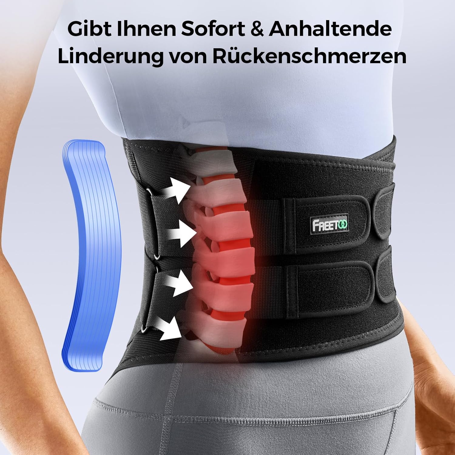 FREETOO Rückenstützgürtel mit 7 Metallstützen, bequeme Rückenbandage für Männer und Frauen mit abnehmbarem 3D-Lendenpolster für den unteren Rücken, LWS, atmungsaktiver Rückengurt für Arbeit und Sport – Bild 3