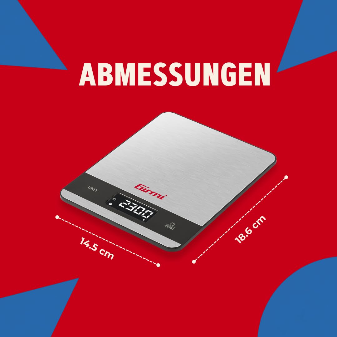 Girmi PS05 Elektronische Küchenwaage, 1 g/5 kg, Edelstahlplatte, Display mit hoher Helligkeit, automatische Abschaltung, Tarafunktion, Fehleranzeigen, Display 50 x 22 – Bild 4