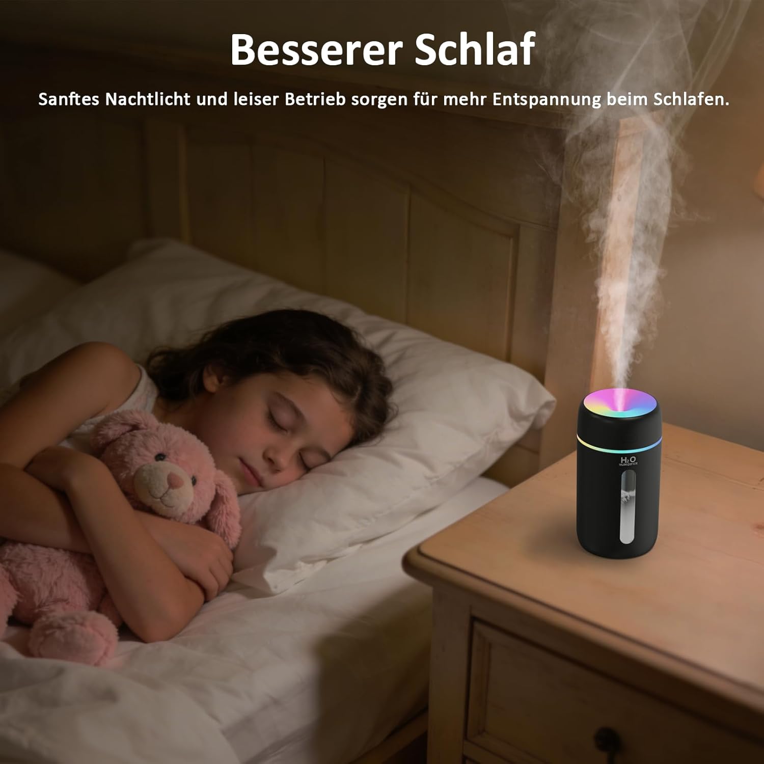 kissleaf 250 ml Mini-Luftbefeuchter für Schlafzimmer, Kinderzimmer, Pflanzen, 7-Farben-Licht, 28 dB leiser Luftbefeuchter (schwarz) – Bild 4