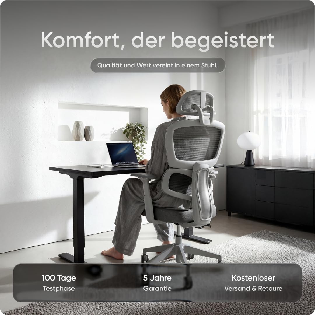 Ergonomischer Bürostuhl Move für das Home Office bis 150 kg – Schreibtischstuhl mit intelligenter Lordosenstütze, 3-stufiger Neigung und höhenverstellbarer Rückenlehne (Grau) – Bild 2