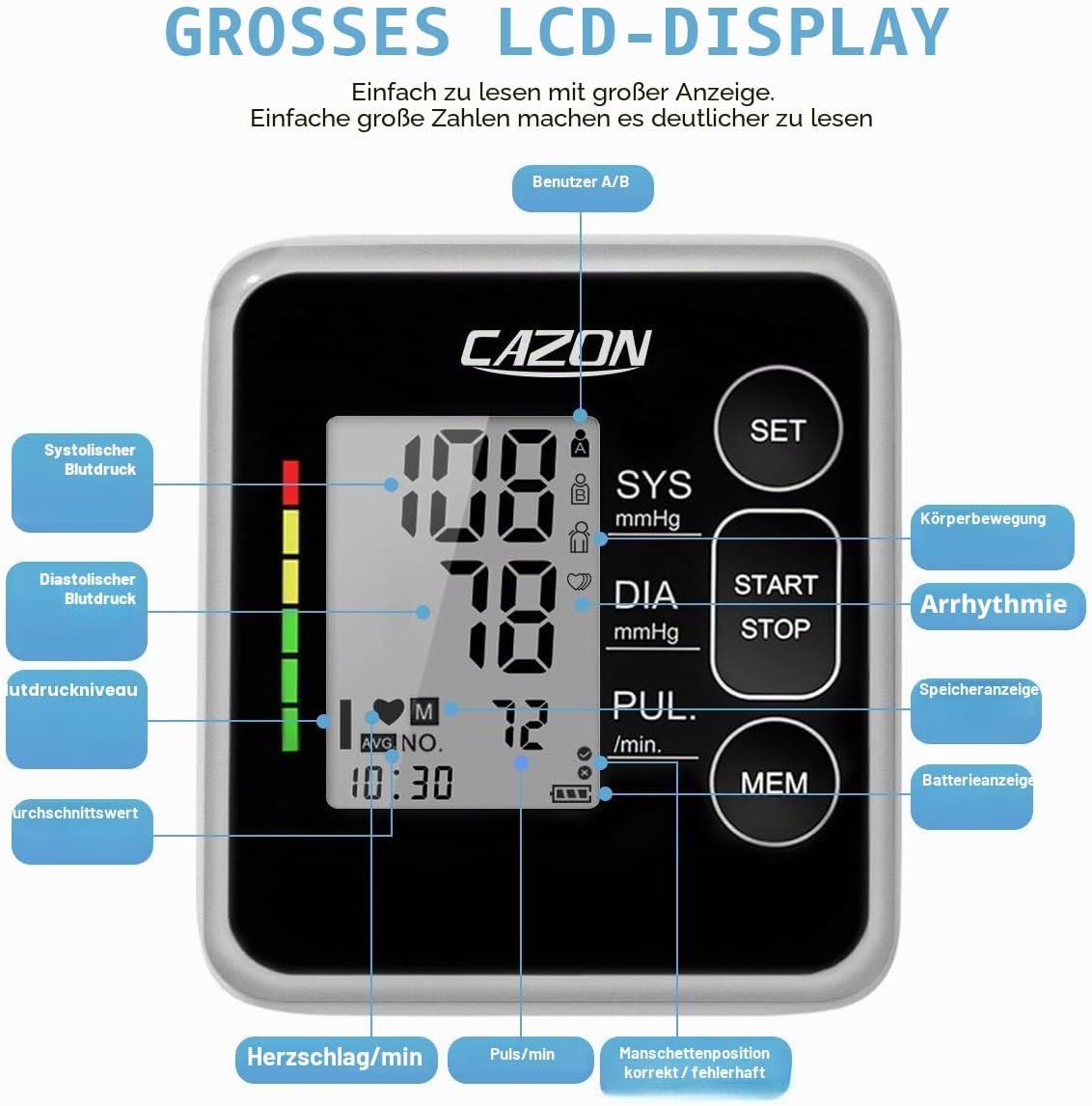 CAZON Blutdruckmessgerät Oberarm, digital, vollautomatisches Blutdruckmessgerät, Pulsmessung, Blutdruckmessung, groß, mit großer Manschette, 2 x 120, Dual-User – Bild 8