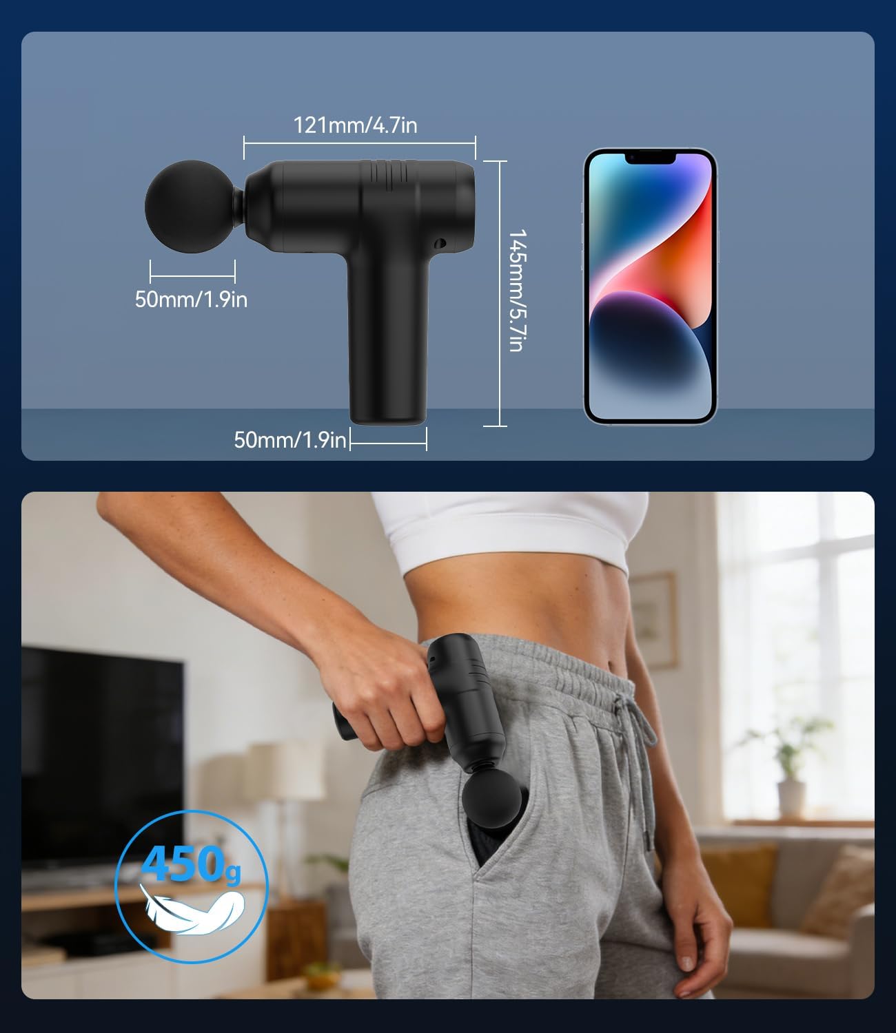 Mini-Massagepistole, Faszienpistole, Mini-Massagegerät, Massagepistole, 30 Stufen & 12 mm Amplitude, 450 g leicht & < 40 dB, Touchscreen, 4 Aufsätze, USB-C, Tiefenmassage für Muskeln – Bild 7