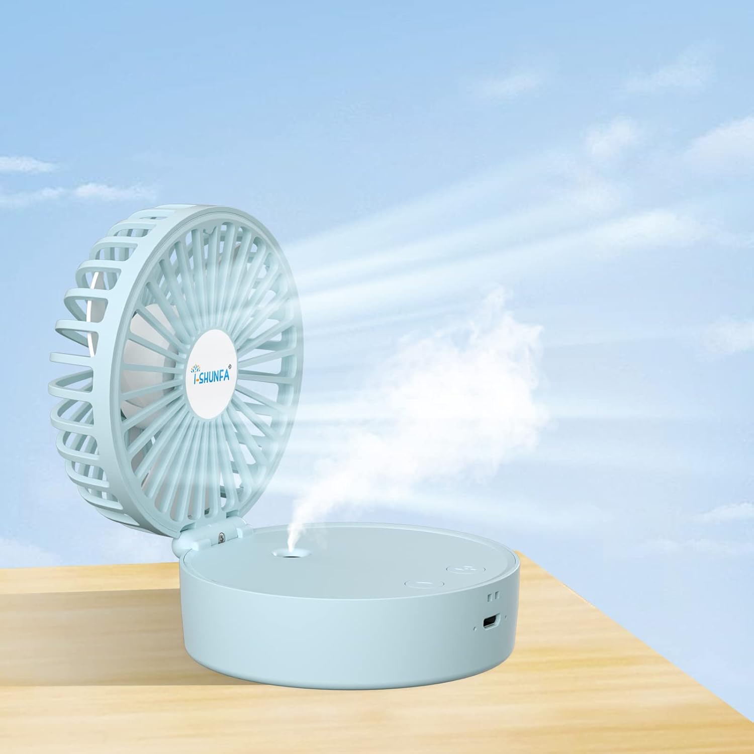 I-SHUNFA Handventilator, tragbarer Mini-Ventilator mit kühlem Nebel und wiederaufladbarem Akku, faltbarer kleiner Taschenventilator, USB-Ventilator, 5 Geschwindigkeiten für Reisen, Büro (blau)