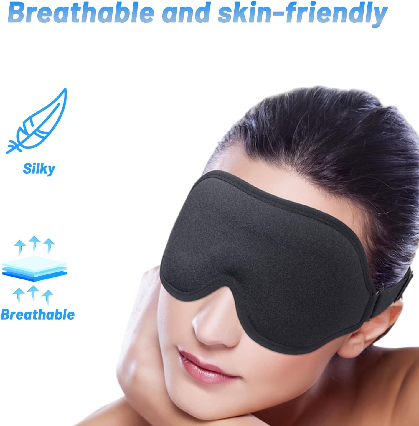 3D-Schlafmaske mit Ohrstöpseln – Lichtdichte und bequeme Augenmaske für Männer und Frauen, ideal für Flugzeug, Reisen und Seitenschläfer, Schwarz – Bild 7
