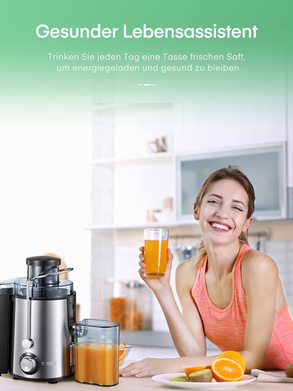 Juilist Entsafter für Gemüse und Obst, 800 W max., Zentrifugal-Entsafter aus Edelstahl 304 mit 65-mm-Einfüllschacht, 2 Geschwindigkeiten, leicht zu reinigen und tropffrei, inklusive Bürste und Rezeptbuch – Bild 7