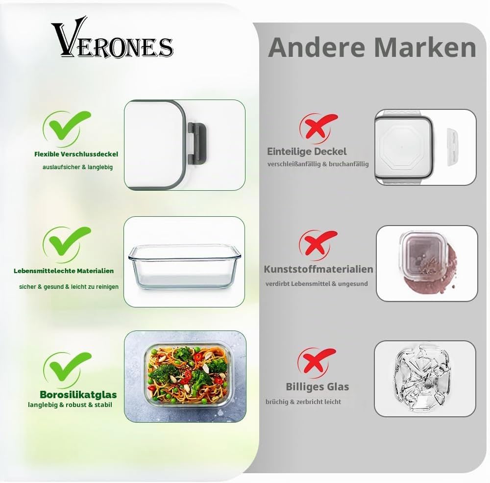 VERONES 12er-Pack Glas-Crisper-Seet, luftdichte Lunchboxen aus Glas, stapelbar mit Deckel, gefrier- und spülmaschinenfest, grau – Bild 4