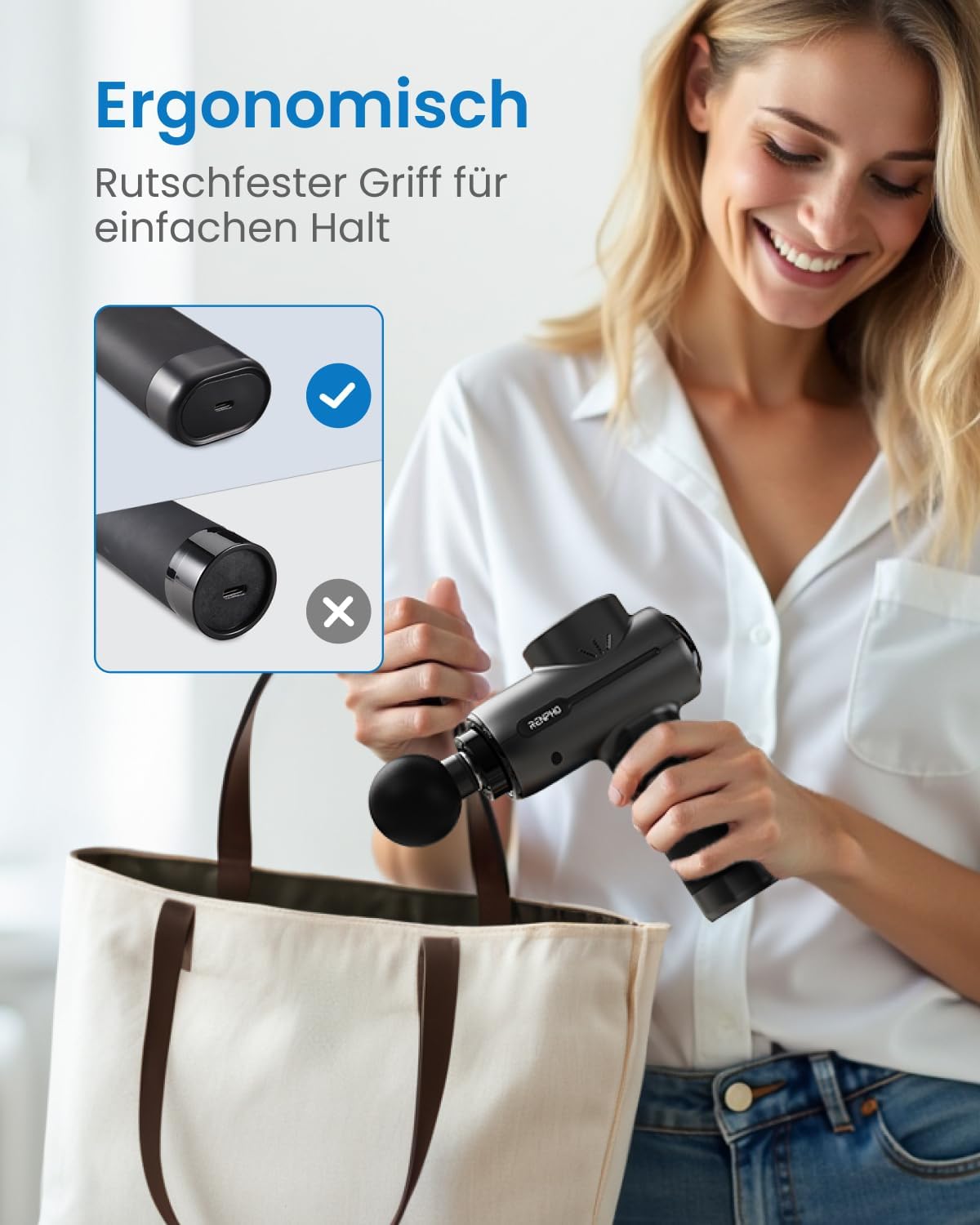 Massagepistole, RENPHO Massagepistole bis 3200 U/min Massagegerät mit 2500 mAh Akku und USB C Ladeanschluss für Muskelmassage Entspannend, Schwarz – Bild 5