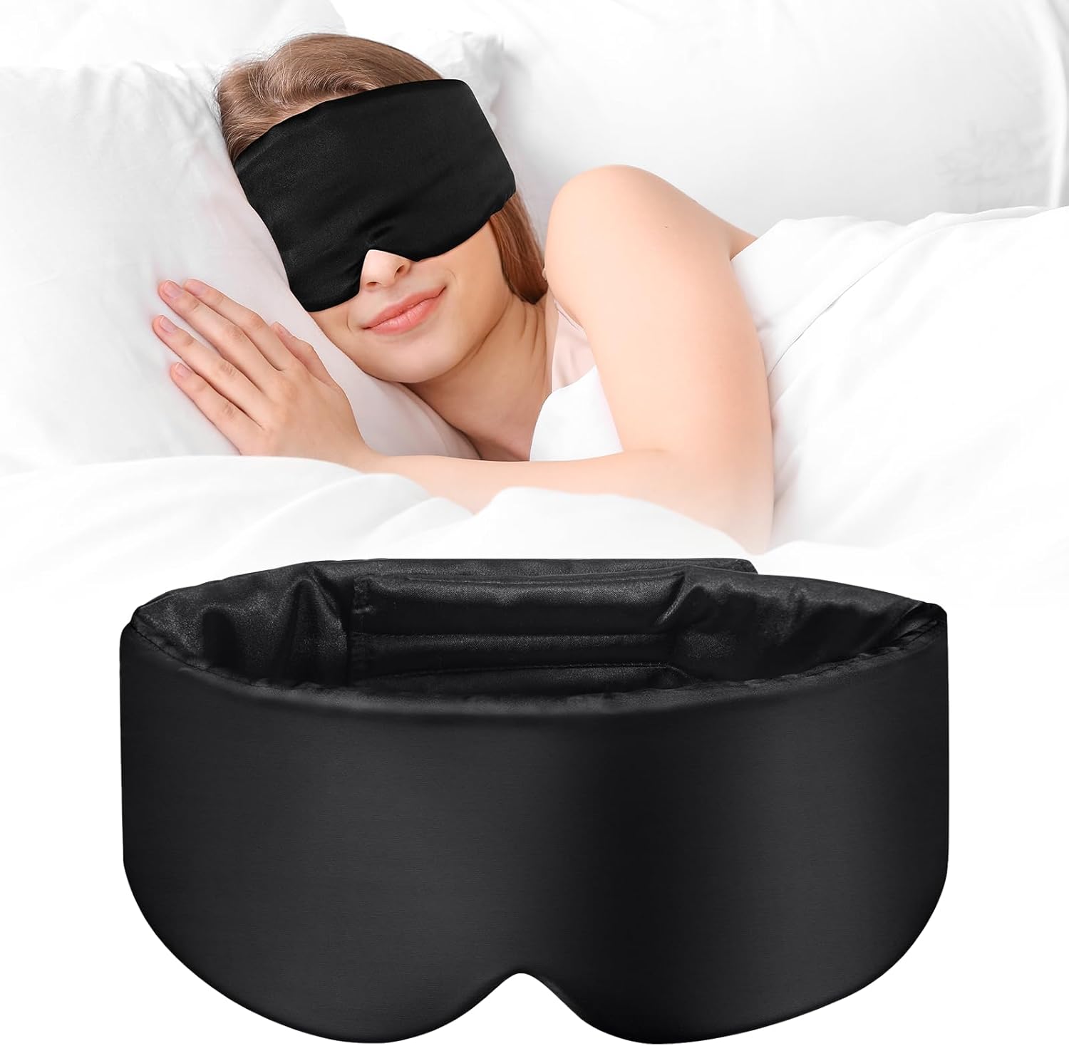 Schlafmaske, Augenmaske, 100 % Maulbeerseide, Schlafmaske aus hautfreundlicher Seide, weich und atmungsaktiv, Schlafmaske, Augenbinde mit verstellbarem Kopfband für Damen und Herren (schwarz)