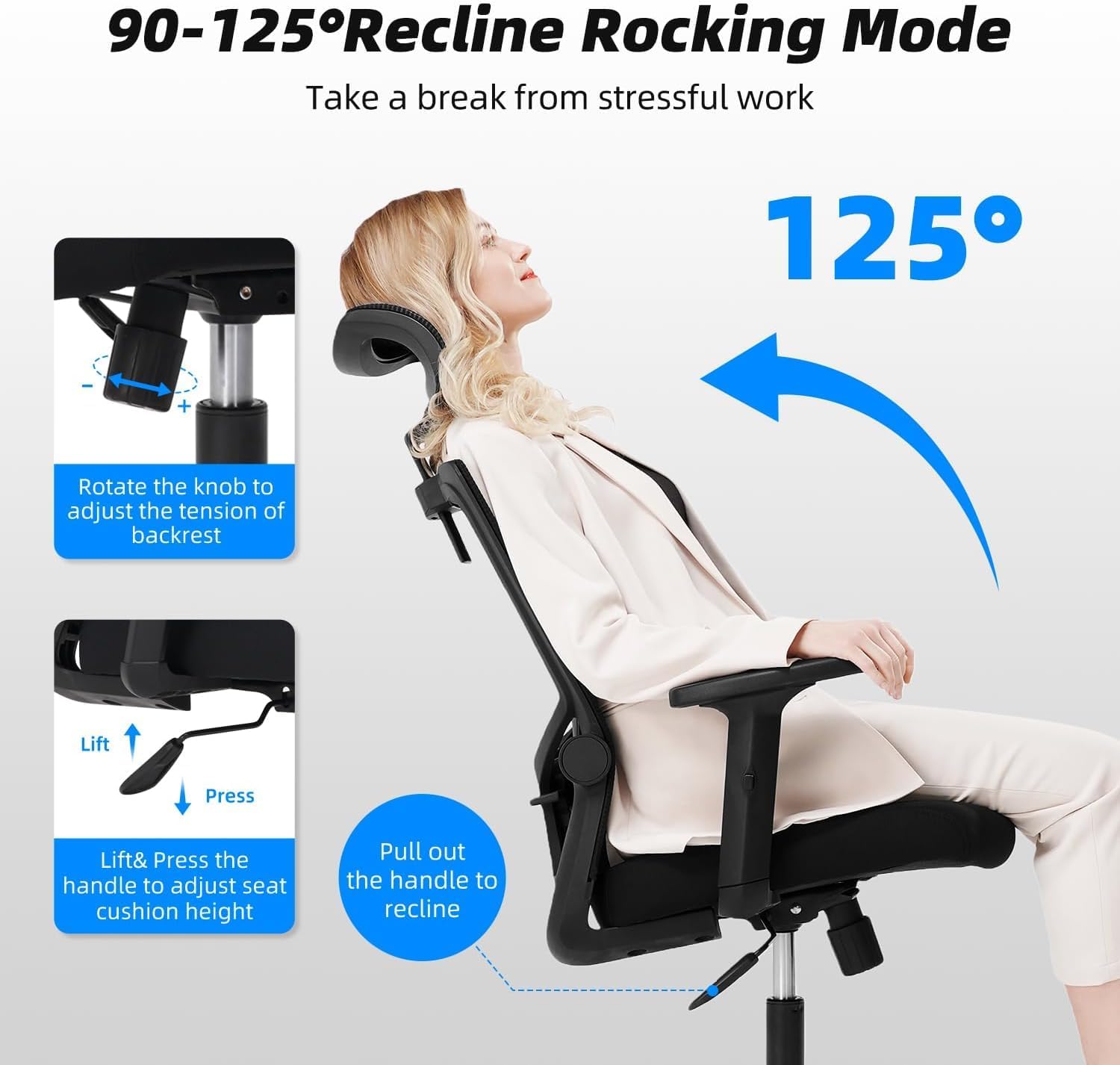 Daccormax Ergonomischer Bürostuhl, Schreibtischstuhl mit verstellbarer Kopfstütze, Armlehnen, Lordosenstütze, Drehstuhl-Wippfunktion bis 135°, Netz-Chefsessel, rückenschonender Bürostuhl 150 kg – Bild 6