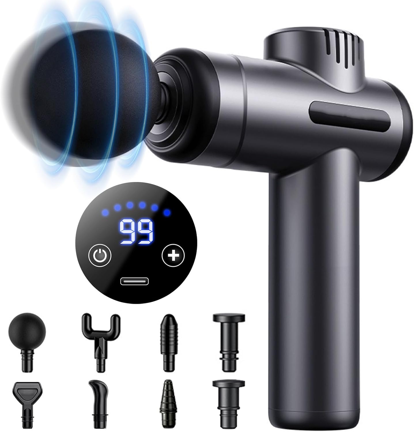 Mini-Massagepistole, Muskel-Percussion-Massagegerät mit 99 Geschwindigkeiten, 8 Massageköpfen, LCD-Touchscreen, Rückenmassagepistole mit USB-C-Aufladung für Schulter, Körper, Rücken, Entspannung, Muskeln