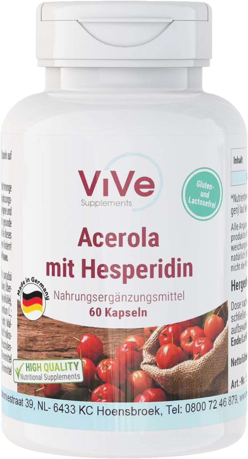 Acerola mit Hesperidin – 60 Kapseln mit Vitamin C, Grapefruitkernextrakt und Bitterorangenextrakt – hochdosiert und vegan – standardisierte Extrakte | Qualität aus Deutschland ViVe Supplements
