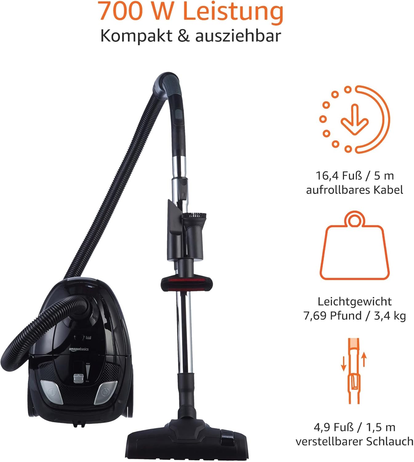 Amazon Basics VCB35B15C-1J7W-70 Leistungsstarker, kompakter und leichter Staubsauger für Hartteppiche mit Beuteln – HEPA-Filter, 700 W, 1,5 l, EU, Schwarz – Bild 7