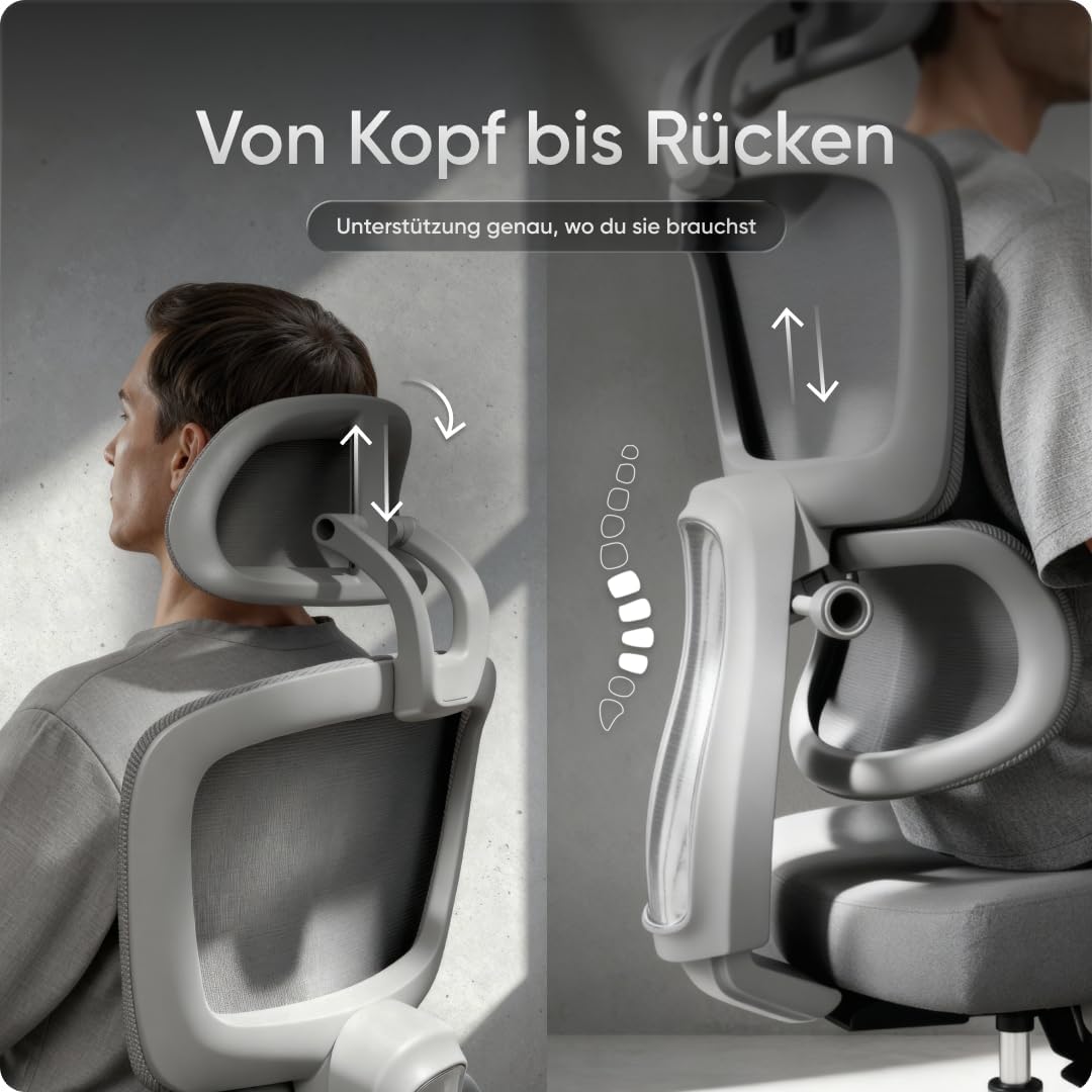 Ergonomischer Bürostuhl Move für das Home Office bis 150 kg – Schreibtischstuhl mit intelligenter Lordosenstütze, 3-stufiger Neigung und höhenverstellbarer Rückenlehne (Grau) – Bild 6