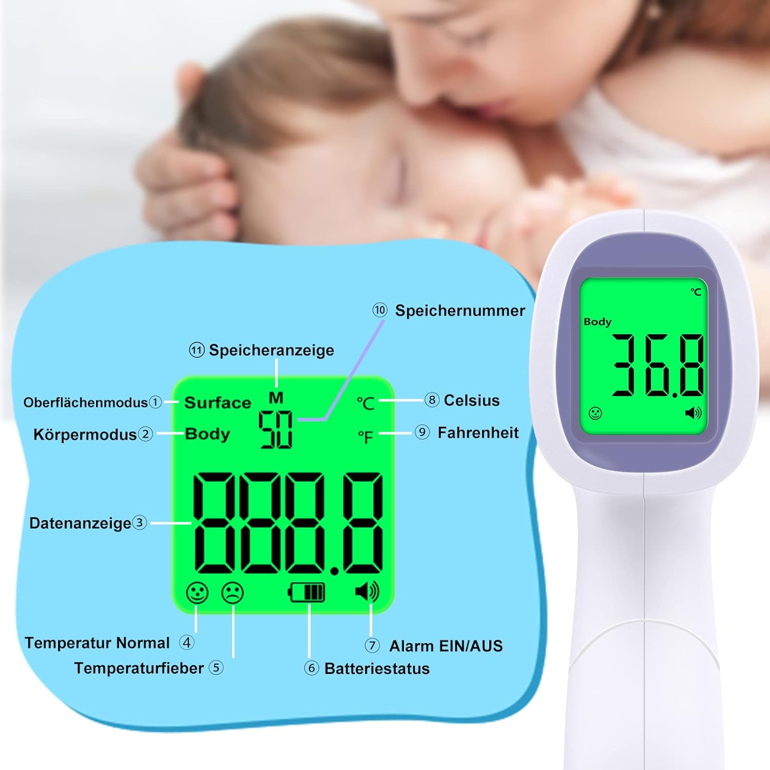 Fieberthermometer, kontaktloses Infrarot-Stirnthermometer für Babys, Erwachsene, Kinder, digitales Fieberthermometer mit genauen Messwerten, Fieberalarm, LCD-Display, 50 Speicherfunktionen – Bild 9