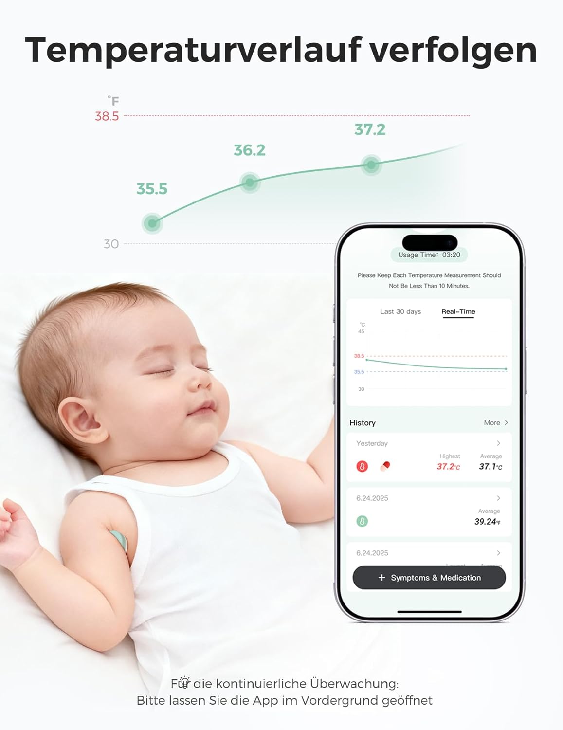 Momcozy Baby-Fieberthermometer, digitales Smart-Baby-Thermometer mit App, ±0,1 °C Präzision, kontinuierliche Überwachung für Neugeborene, hypoallergenes 3M-Pflaster, 180-Stunden-Akku – Bild 6