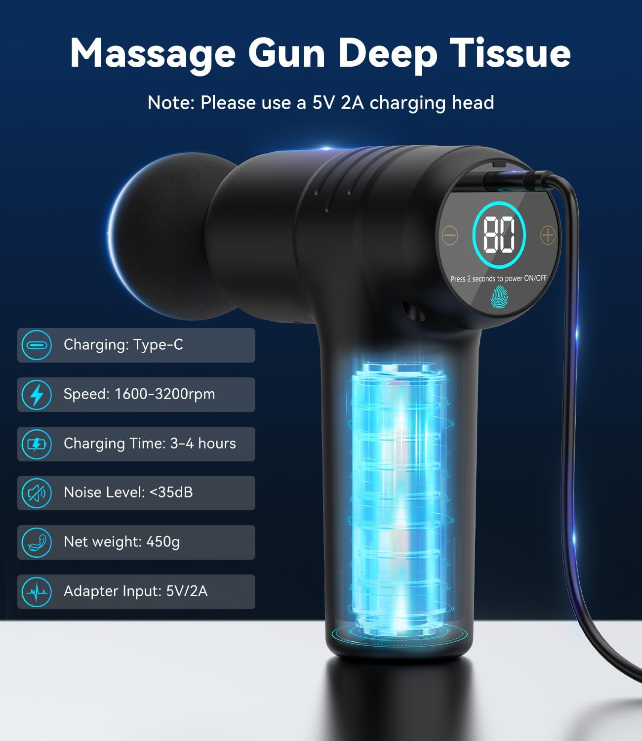 Mini-Massagepistole, Faszienpistole, Mini-Massagegerät, Massagepistole, 30 Stufen & 12 mm Amplitude, 450 g leicht & < 40 dB, Touchscreen, 4 Aufsätze, USB-C, Tiefenmassage für Muskeln – Bild 2