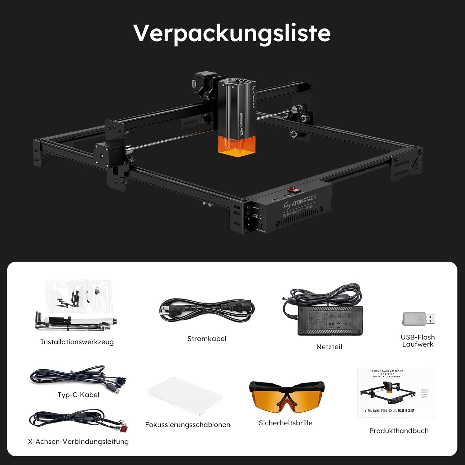 ATOMSTACK SWIFT A20 PRO V2 20 W Lasergravurmaschine, Gravurbereich: 410 x 380 mm, Laserschneider, hochpräziser Laserschneider für personalisierte Geschenke, Holz, Acryl, Leder (SWIFT A20 PRO V2 20 W, Schwarz) – Bild 9