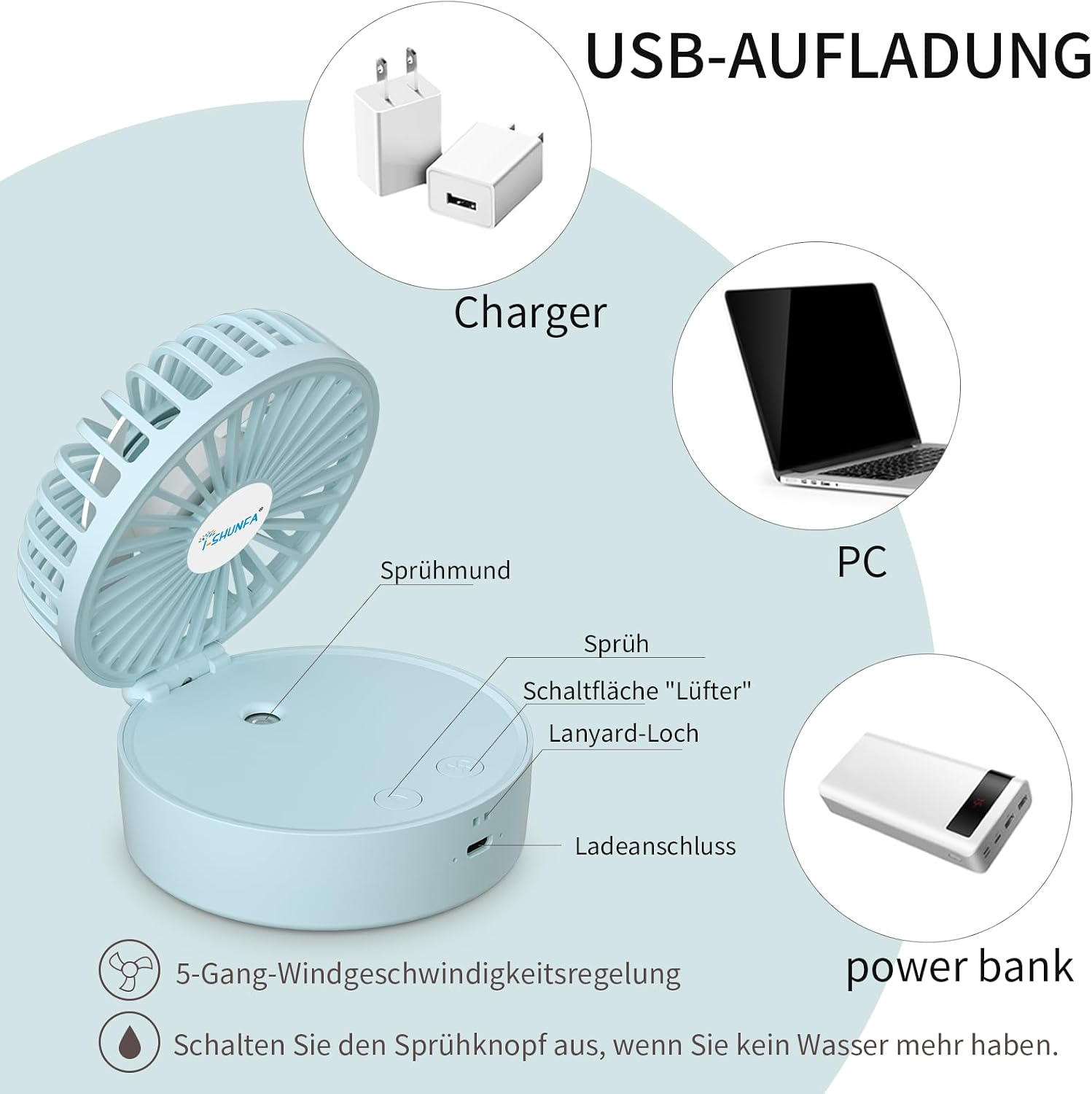 I-SHUNFA Handventilator, tragbarer Mini-Ventilator mit kühlem Nebel und wiederaufladbarem Akku, faltbarer kleiner Taschenventilator, USB-Ventilator, 5 Geschwindigkeiten für Reisen, Büro (blau) – Bild 6