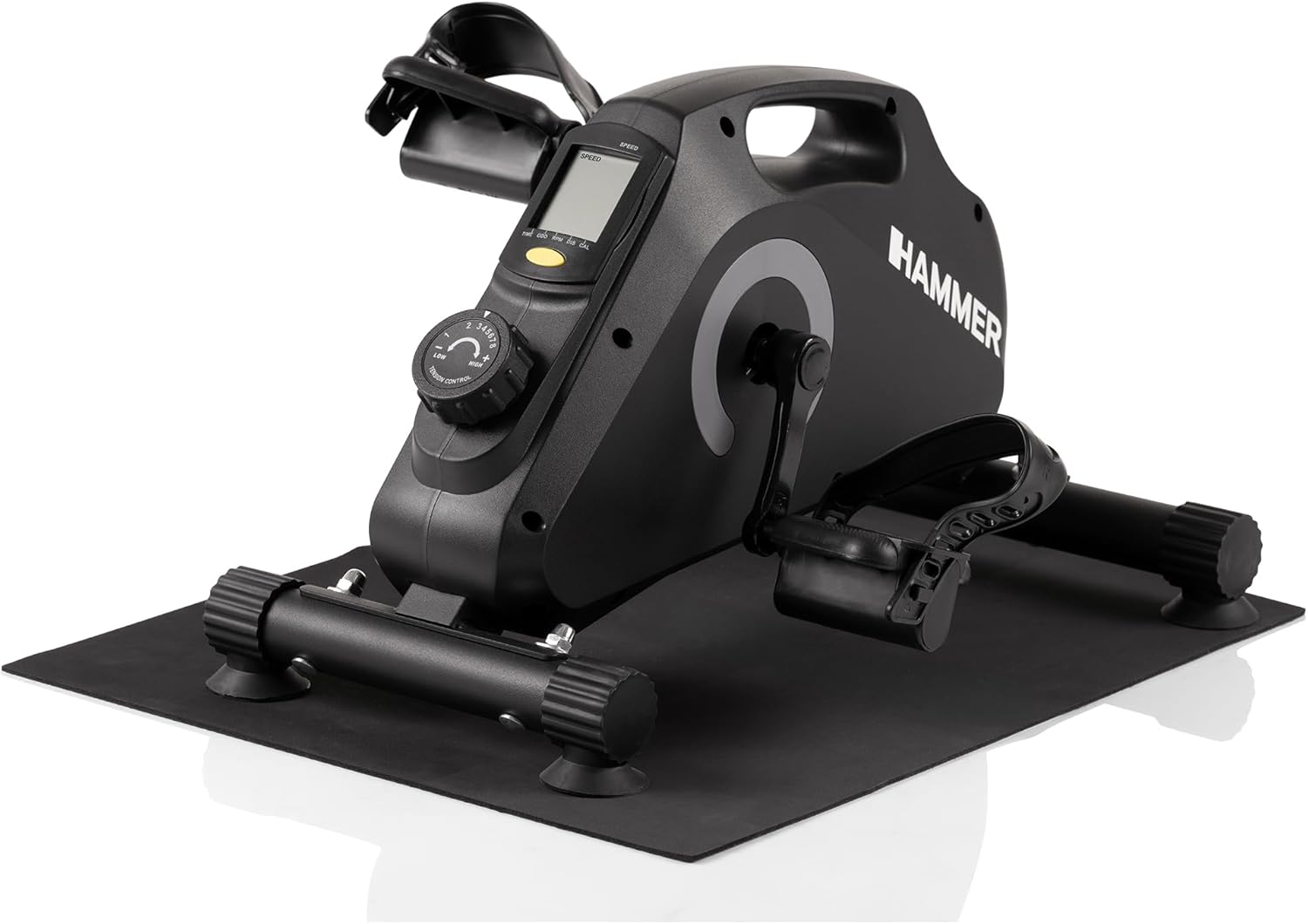 Hammerpedal-Trainer für Zuhause, magnetisch – leiser Mini-Heimtrainer mit Display, 8 Widerstandsstufen, inklusive rutschfester Matte, Sicherheitsgurt, Beintrainer zum Sitzen für Büro, Heimbüro und Senioren