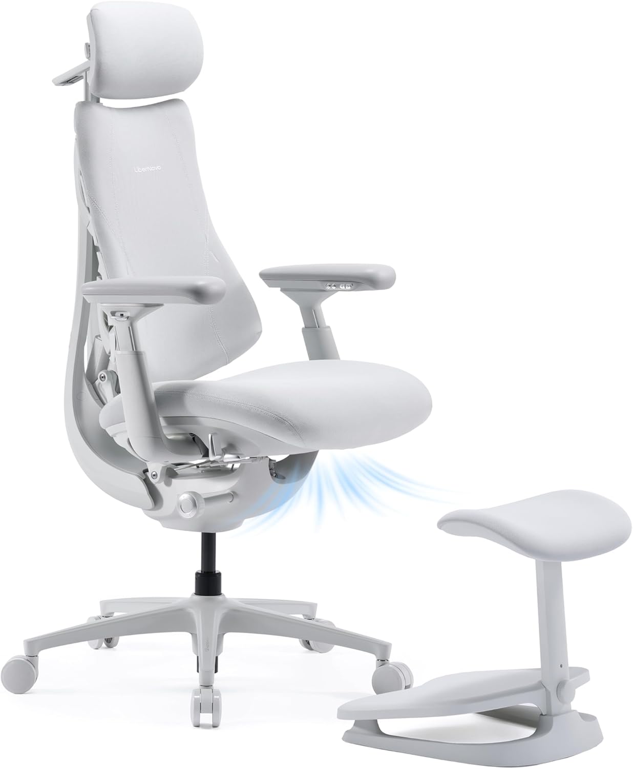 LiberNovo PRO Airflow Ergonomischer Bürostuhl mit Fußstütze, aktive Airflow-Sitzbelüftung mit 2 Lüfterstufen für sofortige Kühlung und langanhaltenden Komfort, 5 Neigungspositionen, Glacier 48 cm