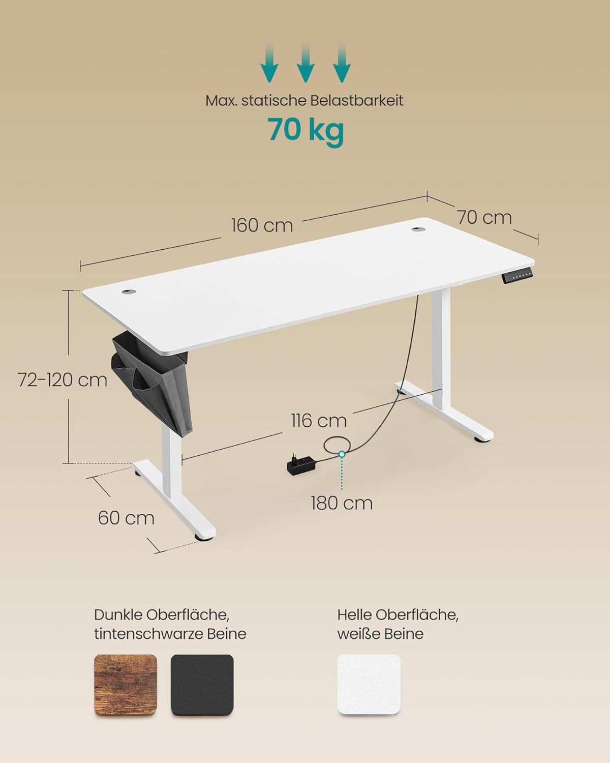 SONGMICS LSD136W01 Höhenverstellbarer elektrischer Schreibtisch, 70 x 160 x 72–120 cm, Memory-Funktion mit 4 Höhen, für Home Office, Arbeitszimmer, Wolkenweiß – Bild 2