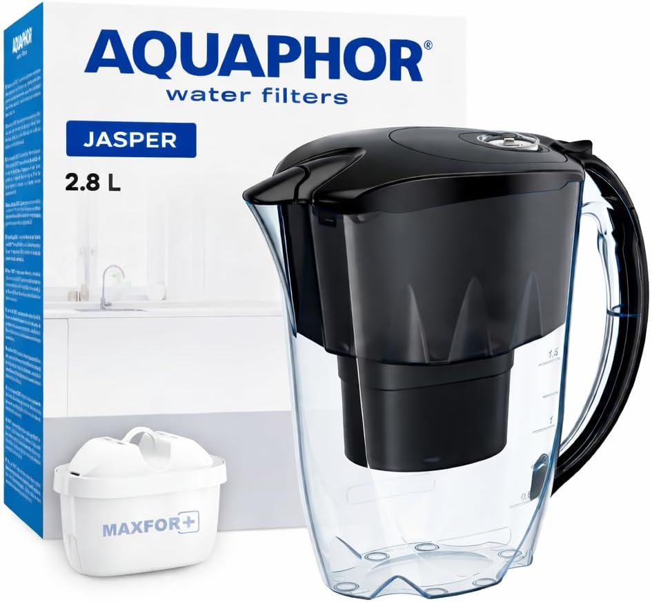 AQUAPHOR Jasper Black Wasserfilter inklusive 1 Maxfor+ Filter I Reduziert Kalk und Chlor I Karaffe für 2,8 LI Tischwasserfilter I Passt in die Kühlschranktür