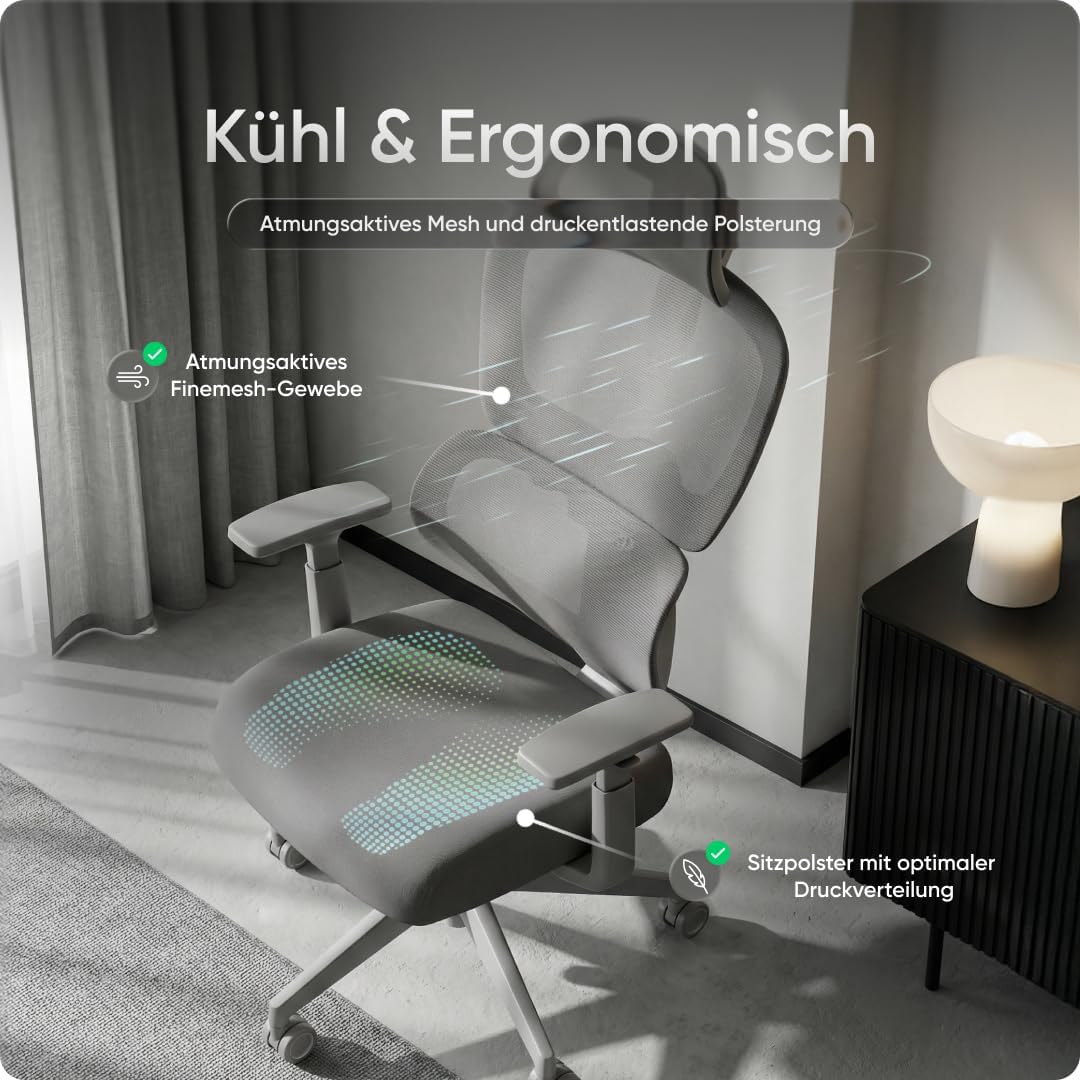 Ergonomischer Bürostuhl Move für das Home Office bis 150 kg – Schreibtischstuhl mit intelligenter Lordosenstütze, 3-stufiger Neigung und höhenverstellbarer Rückenlehne (Grau) – Bild 5