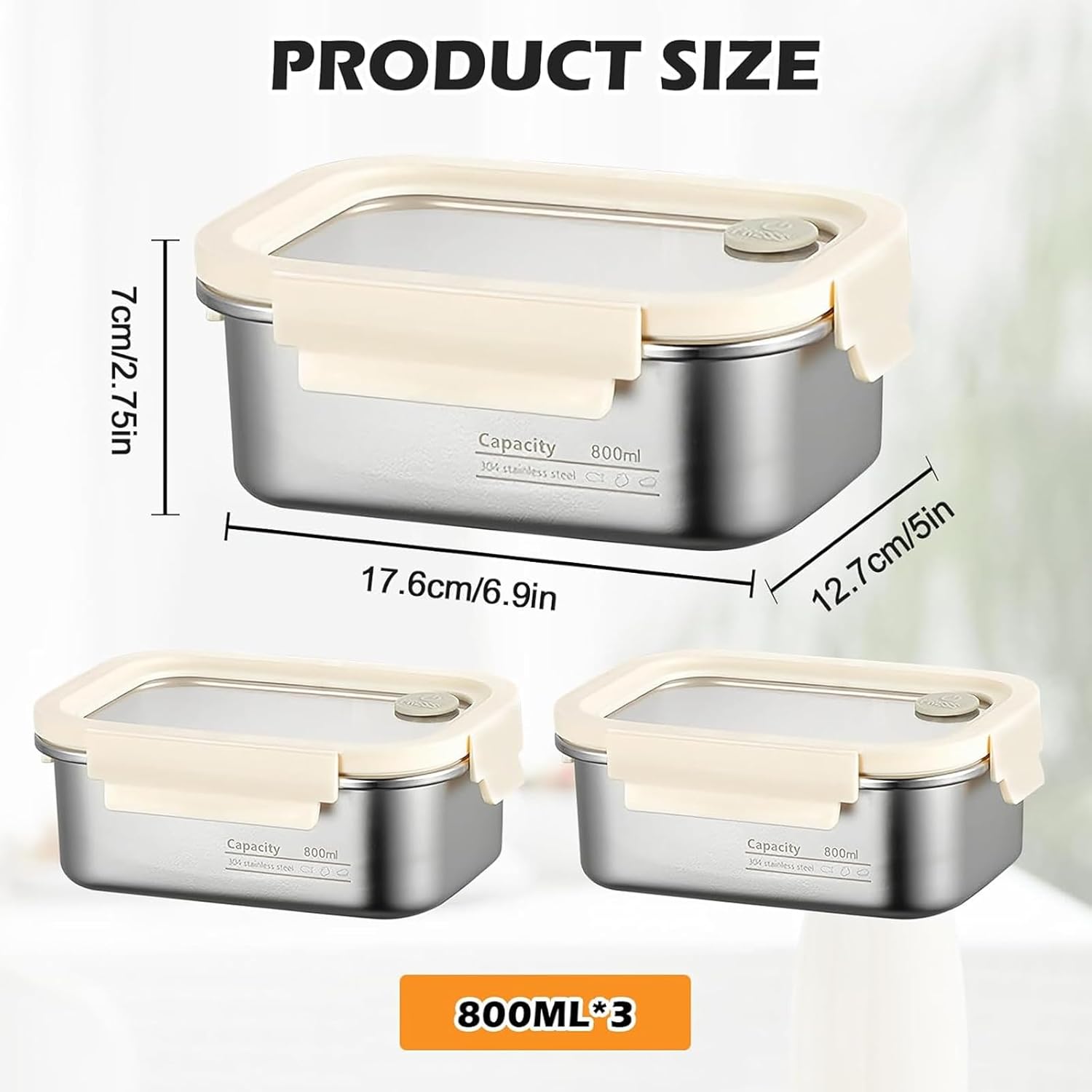 PORFOYO Meal Prep Boxen, Edelstahl, 3er-Set, stapelbare Frischhaltedosen mit Deckel, auslaufsichere Lunchbox, Edelstahl, wiederverwendbare Behälter mit Deckel, Edelstahl-Lunchbox, 800 ml – Bild 2