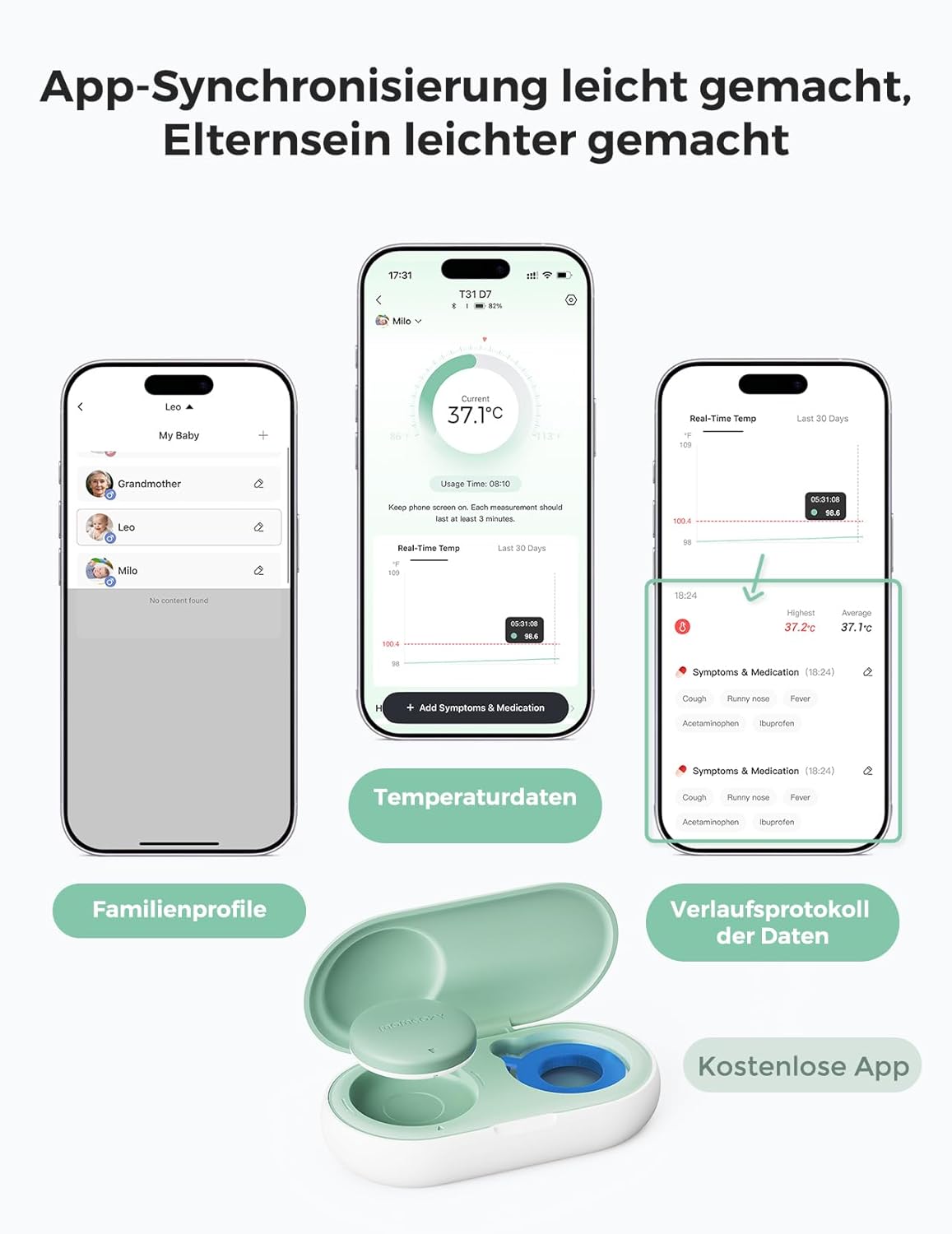 Momcozy Baby-Fieberthermometer, digitales Smart-Baby-Thermometer mit App, ±0,1 °C Präzision, kontinuierliche Überwachung für Neugeborene, hypoallergenes 3M-Pflaster, 180-Stunden-Akku – Bild 5