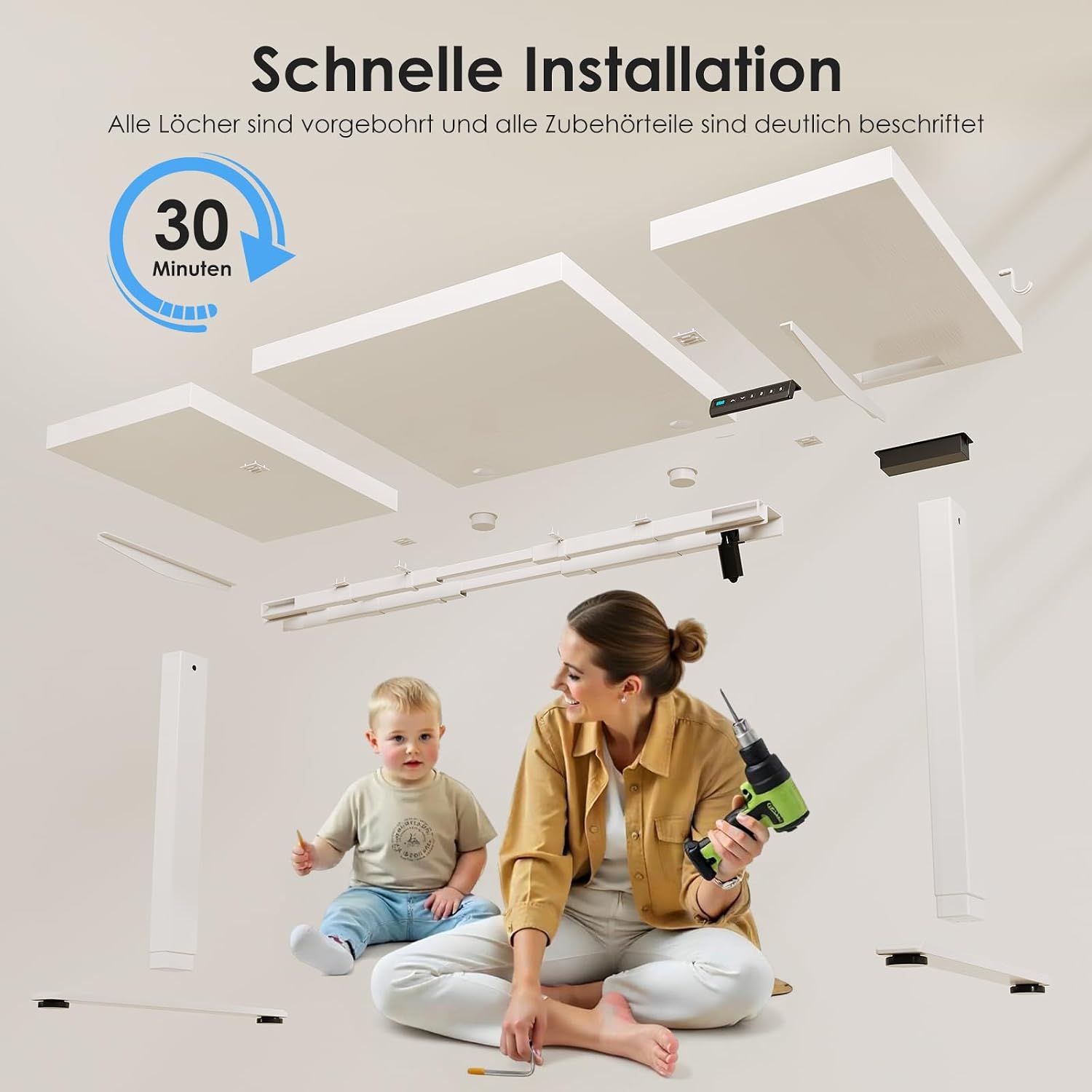 OffiGo höhenverstellbarer Schreibtisch mit Steckdose, 180 x 70 cm, 35 mm, weiß | Elektrischer Schreibtisch mit stabilen T-Beinen, Stehpult, perfekte Ergonomie für Büro, Gaming – Bild 8