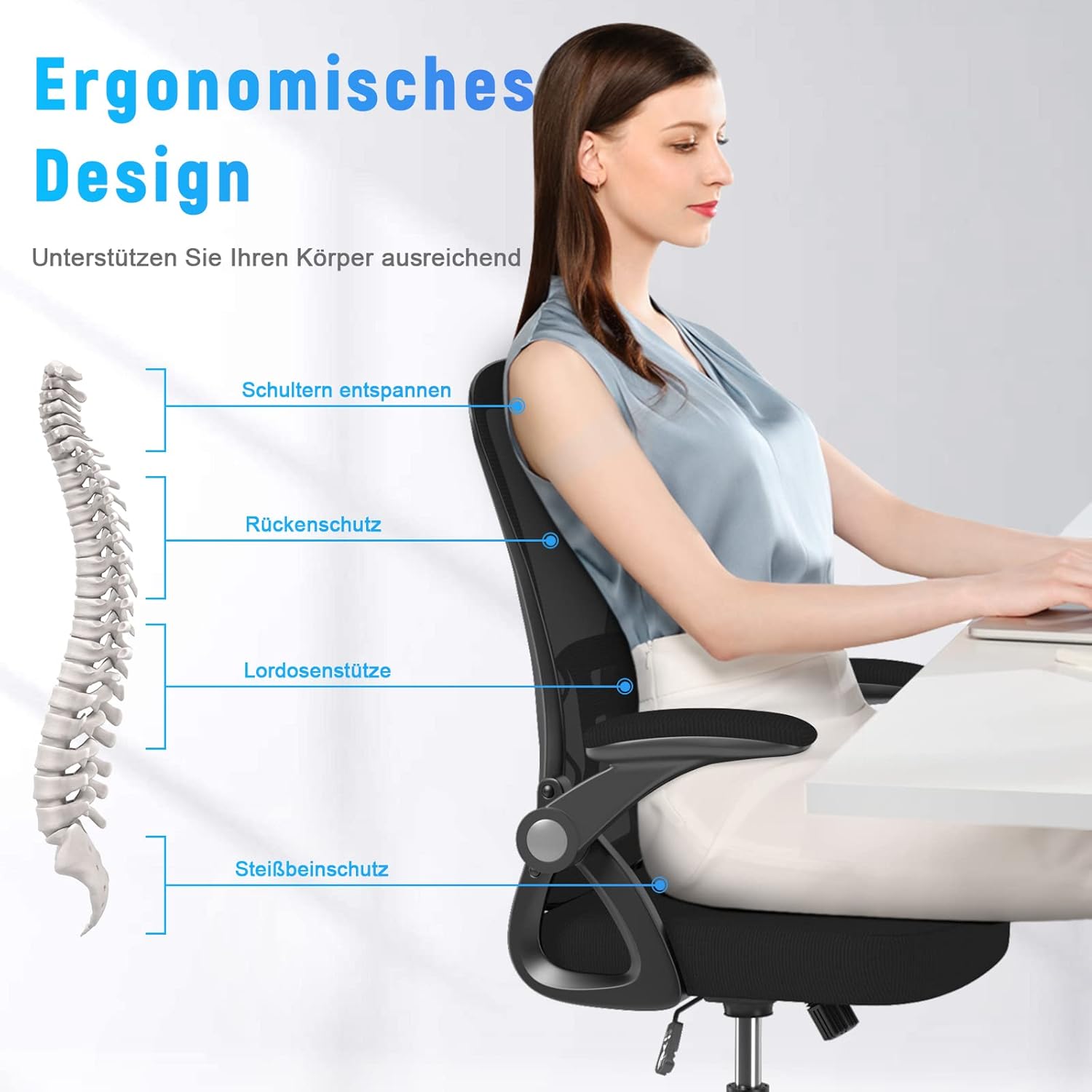 naspaluro Bürostuhl mit verstellbaren Armlehnen, ergonomischer Schreibtischstuhl mit Netzbezug, Lordosenstütze, höhenverstellbar, gepolstertes Sitzkissen, 360°-Drehstuhl, schwarz – Bild 3
