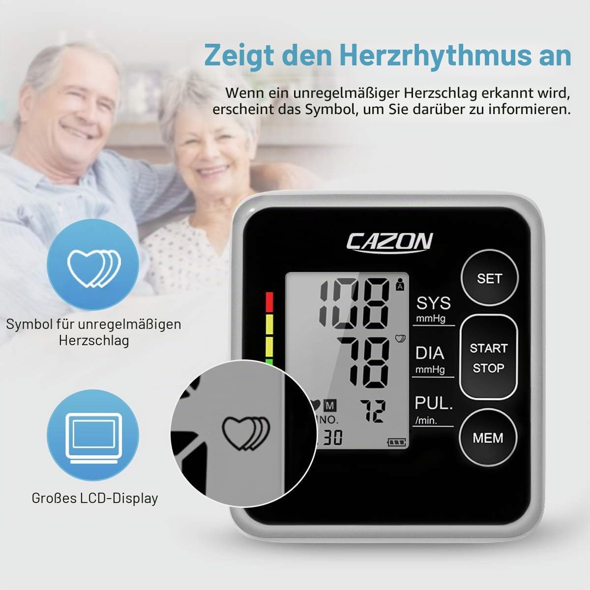 CAZON Blutdruckmessgerät Oberarm, digital, vollautomatisches Blutdruckmessgerät, Pulsmessung, Blutdruckmessung, groß, mit großer Manschette, 2 x 120, Dual-User – Bild 5