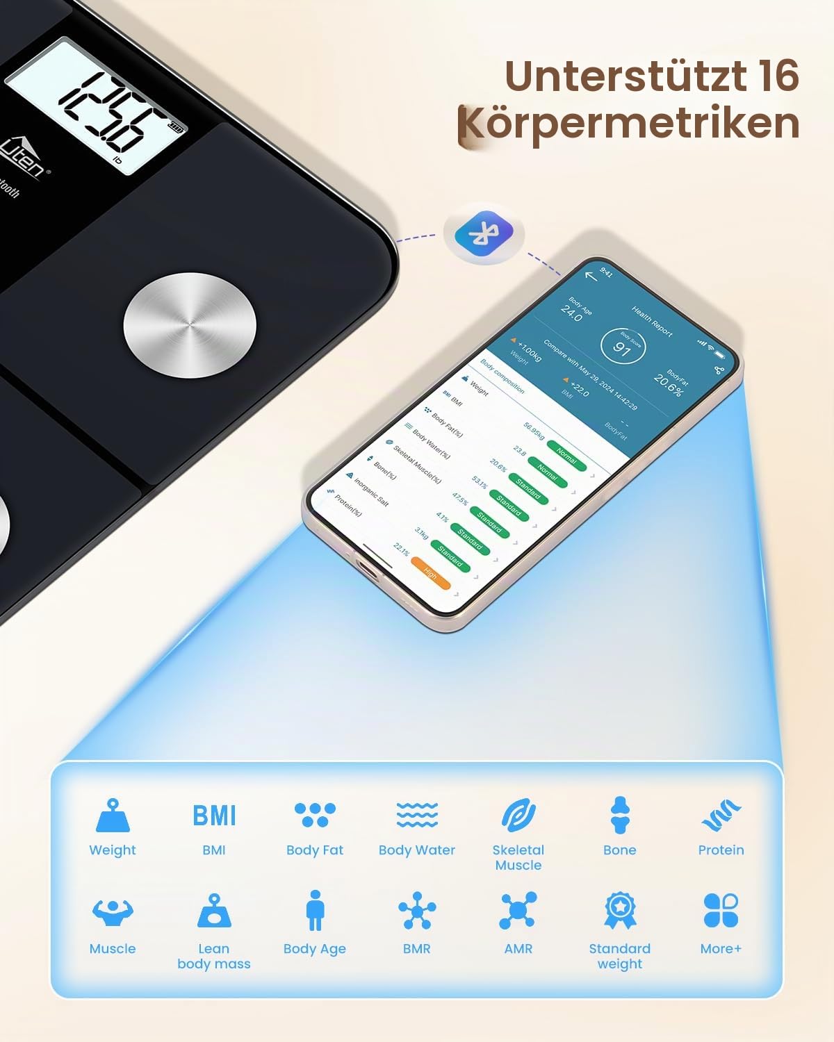 Digitale Personenwaage Körperfettwaage Uten Bluetooth Körperwaage Digitale Körperanalysewaage mit App Körperanalysegerät Gewichtswaage 180 kg 400 lb – Bild 3