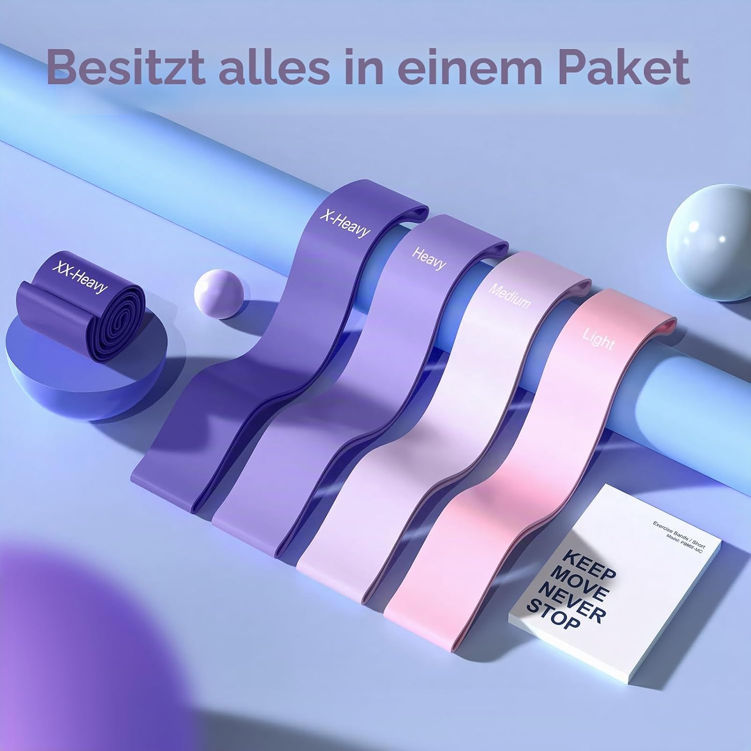 Fokky Fitnessbänder (5er Set), 100% Naturlatex Resistance Bands Widerstandsbänder mit Übungsanleitung auf Deutsch & Tragebeutel, Gymnastikband Fitnessband für Muskelaufbau Pilates Yoga – Bild 9