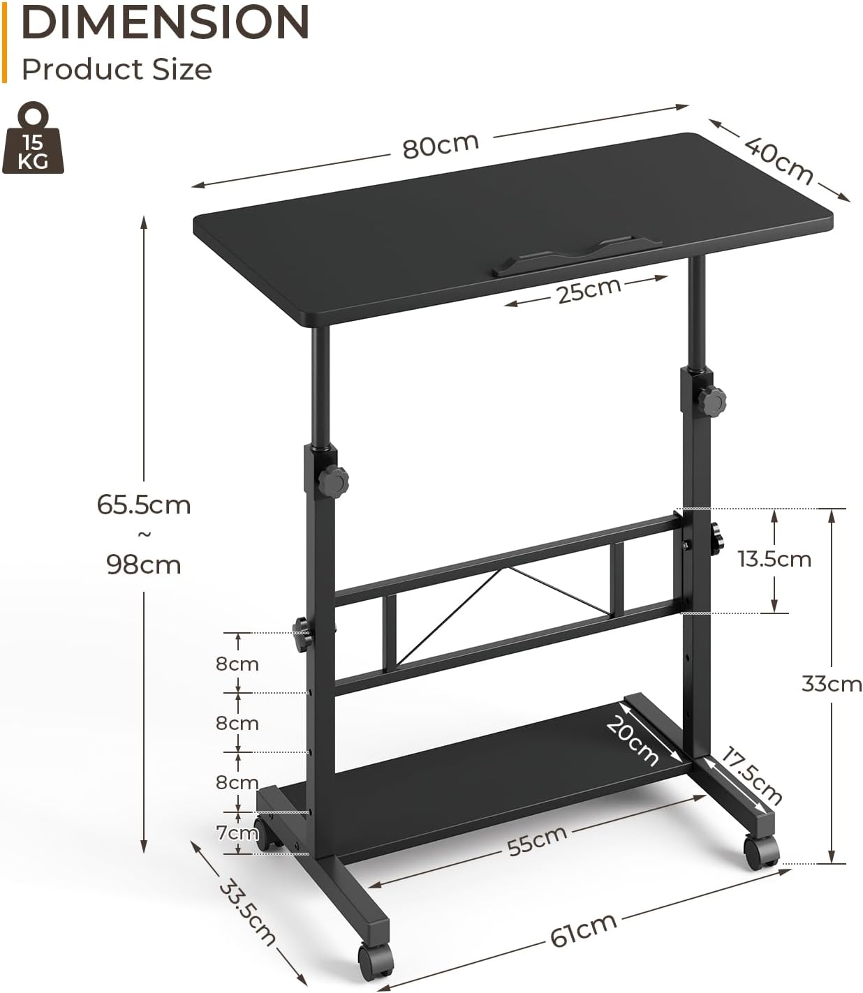 Dripex 80 x 40 cm Stehschreibtisch, höhenverstellbar 65–98 cm, mobiler Computertisch mit Rollen und neigbarer Tischplatte, Überbetttisch, Stehsitztisch für Zuhause und Büro, Schwarz – Bild 2