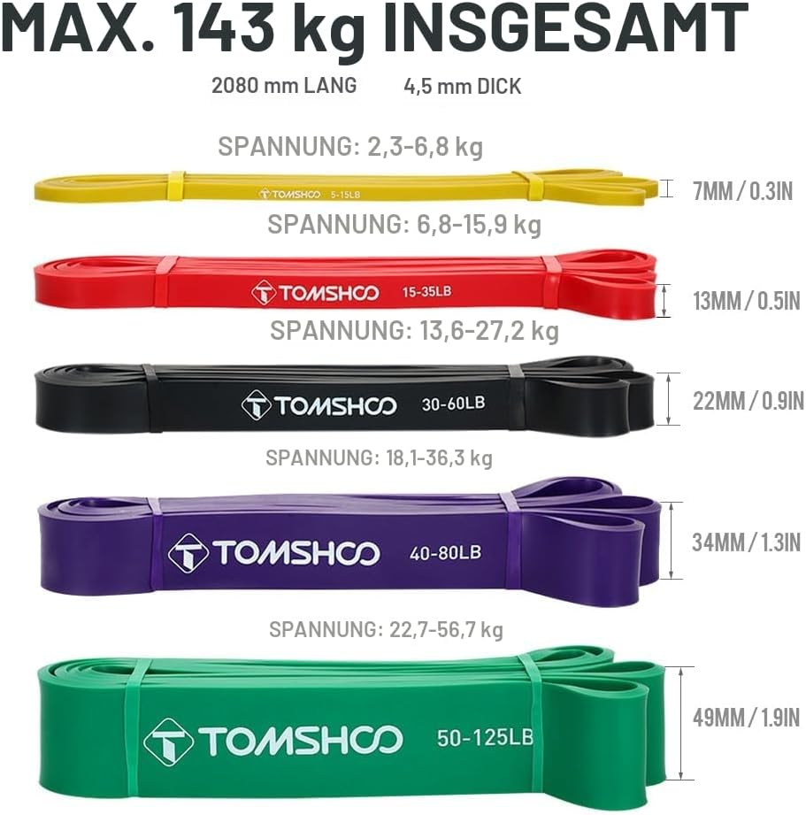 TOMSHOO Widerstandsbänder-Set, 4/5-teilig, Widerstandsbänder mit Aufbewahrungstasche, Griff, Türanker, mehrere Widerstandsstufen, Fitnessbänder, Trainingsbänder für Krafttraining, Klimmzüge, mehr – Bild 2