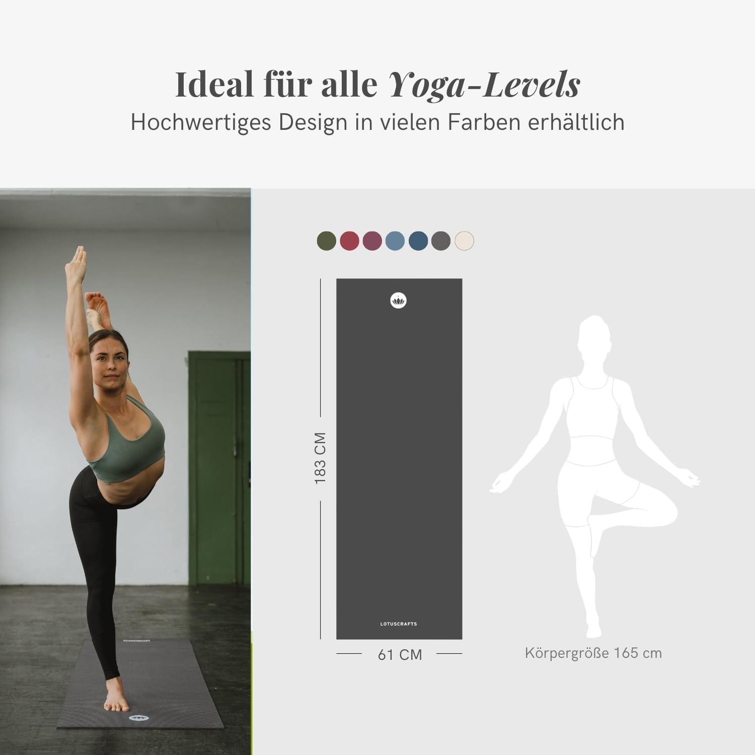 Lotuscrafts Yogamatte, rutschfest, 183 x 61 x 0,5 cm, leichte Fitnessmatte, auch als Gymnastikmatte, Sportmatte, hautfreundlich und schadstoffgeprüft – Bild 4