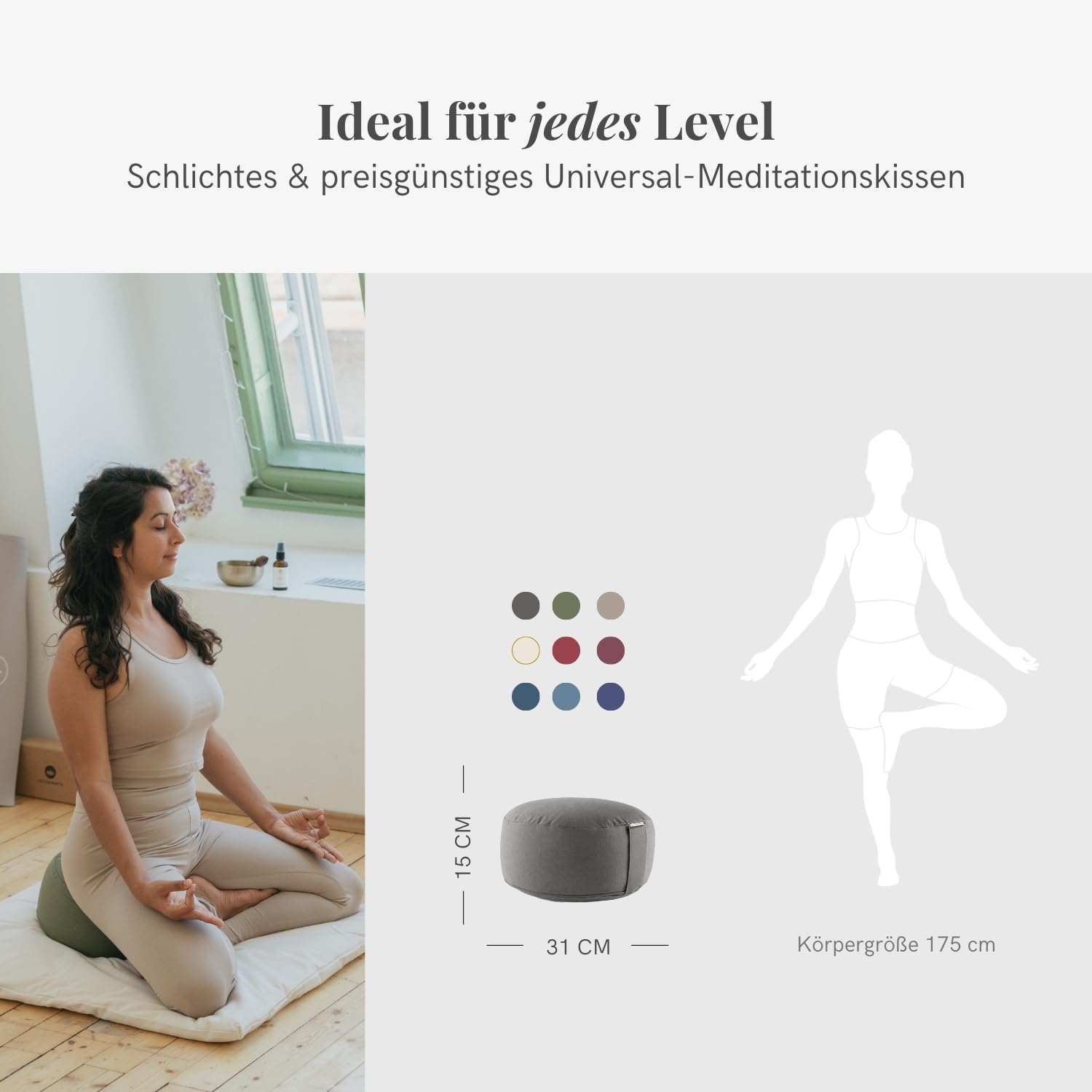 Lotuscrafts Yogakissen, Meditationskissen, runder Lotus, bequeme und entspannte Meditation – Sitzhöhe 15 cm, waschbarer Baumwollbezug, Yoga-Sitzkissen mit Dinkelfüllung, GOTS-zertifiziert, schwarz – Bild 4