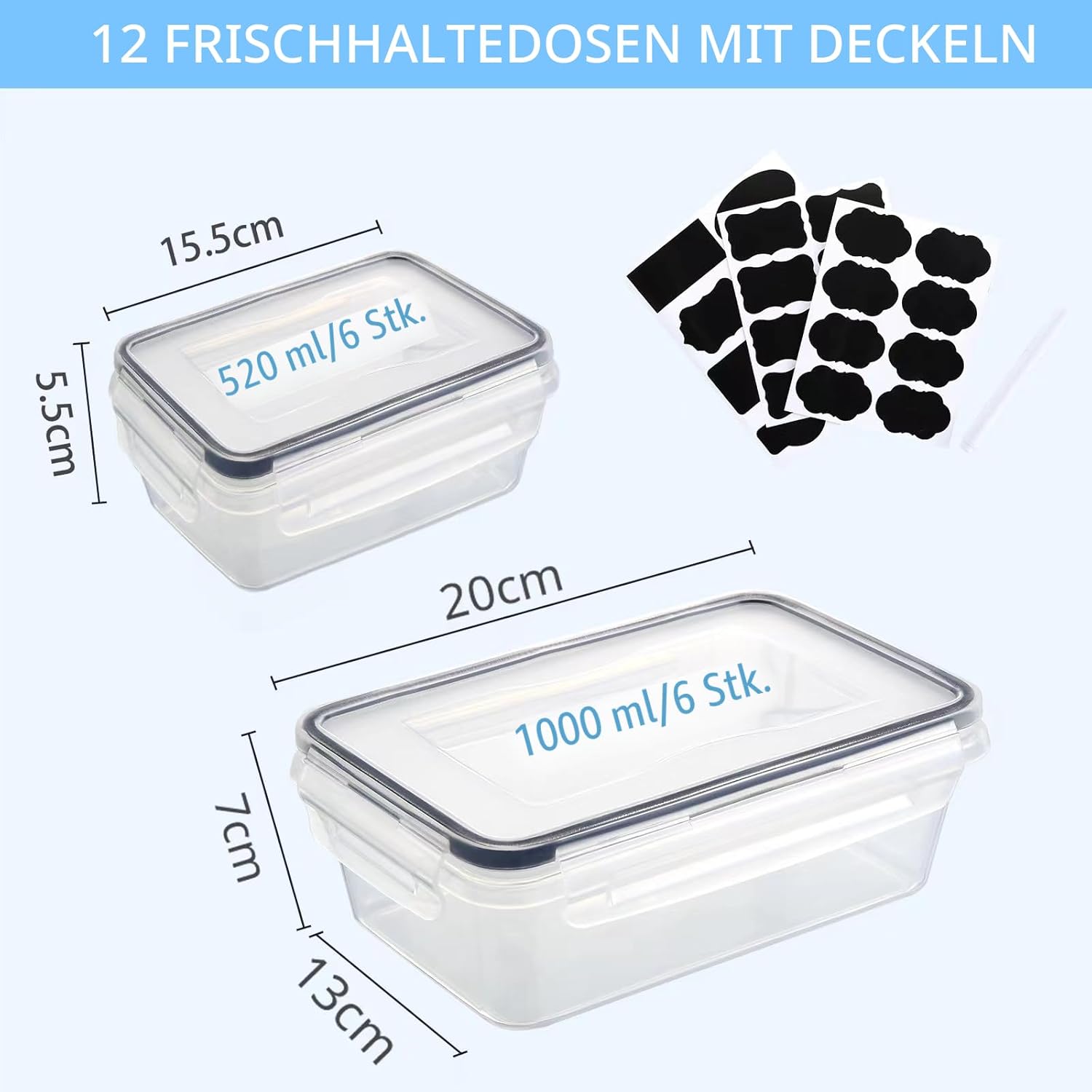 12 Frischhaltedosen mit Deckel, Gefrierdosen, Meal-Prep-Boxen, 6 x 1 L/0,52 L, BPA-frei, luftdicht, mikrowellengeeignet, spülmaschinenfest, zur Aufbewahrung und zum Transport von Lebensmitteln, Obst – Bild 2
