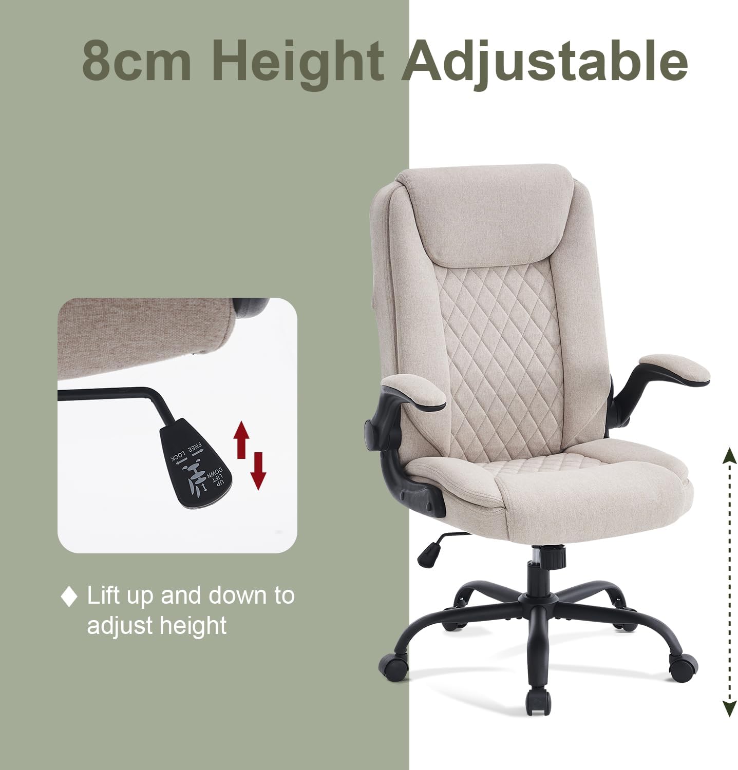 CASTLOVE Bürostuhl, Ergonomischer Schreibtischstuhl, Chefsessel mit gepolsterten Armlehnen, klappbar, Höhenverstellung, Wippfunktion und Kopfstütze, bequem für Zuhause, Büro, Bürostuhl, 150 kg, beige Stoff – Bild 6