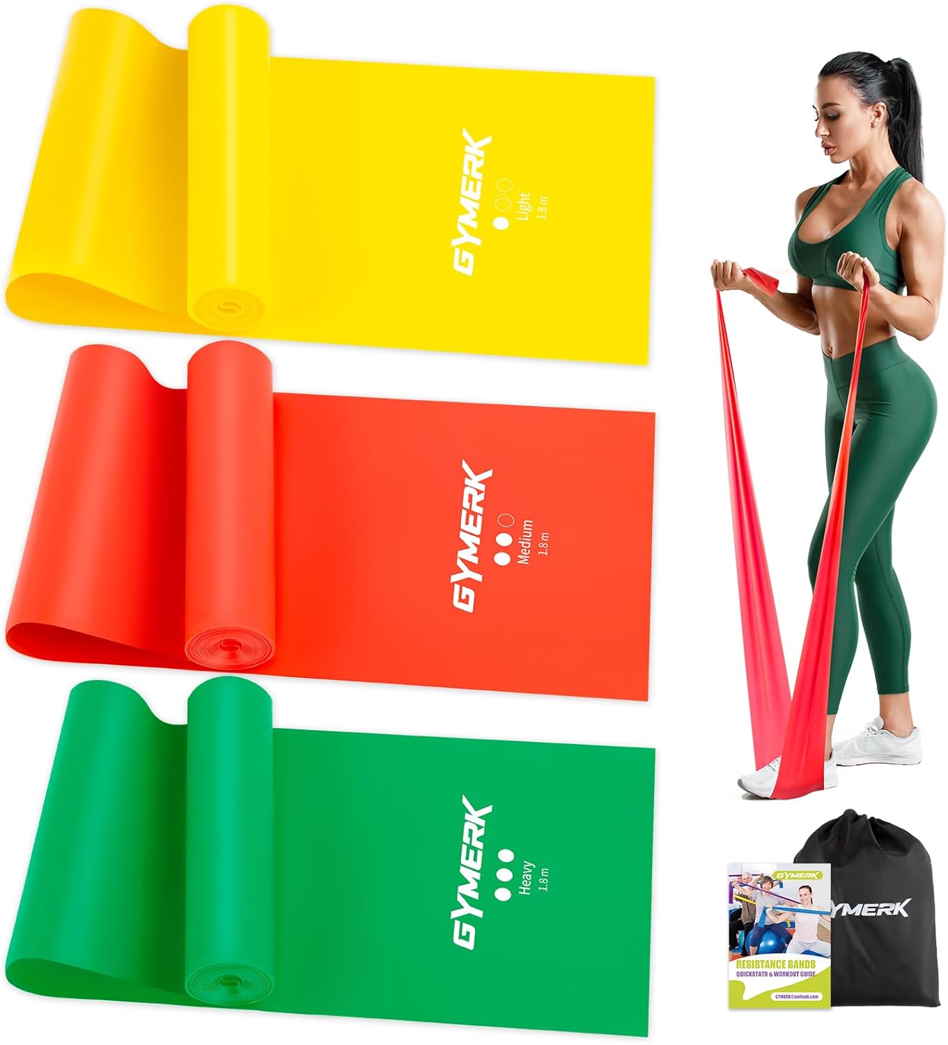 GYMERK Fitnessbänder 3er Set, 1,8 m Übungsband mit 3 Widerstandsstufen, Fitnessband mit Türanker, Tragetasche und Übungsanleitung, ideal für Yoga,