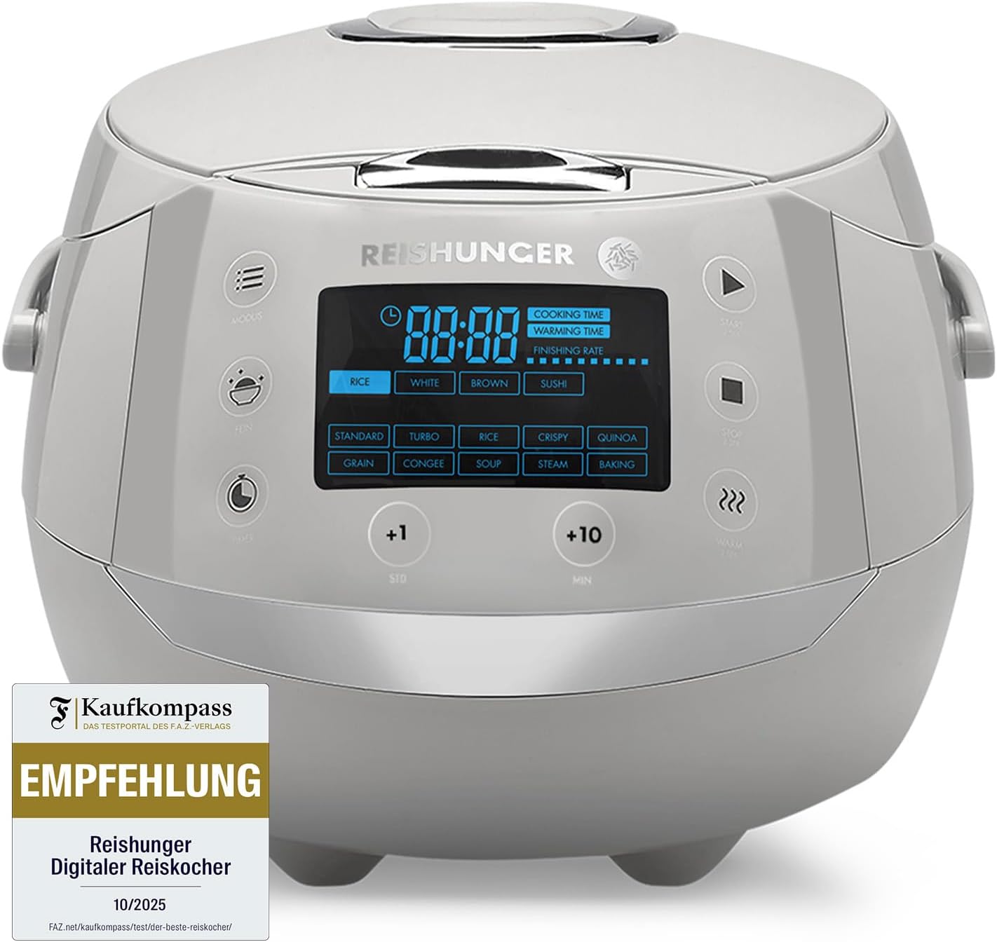 REISHUNGER Digitaler Reiskocher und Dampfgarer Grau | 1,5 Liter für 8 Personen | Warmhaltefunktion, Timer und Premium-Innentopf | Multikocher, 12 Programme, 7-Phasen-Technologie | Bis zu 8 Personen – Warmhaltefunktion, Timer & Premium-Innentopf – Multikocher, 12 Programme, 7-Phasen-Technologie