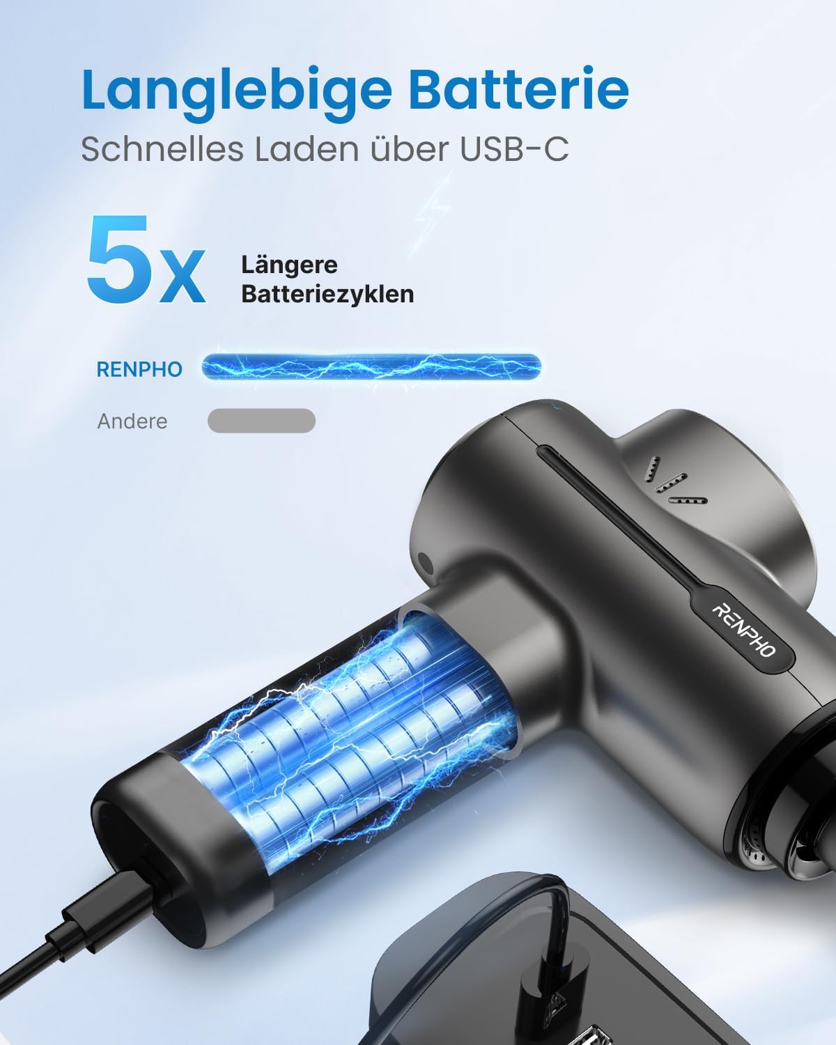 Massagepistole, RENPHO Massagepistole bis 3200 U/min Massagegerät mit 2500 mAh Akku und USB C Ladeanschluss für Muskelmassage Entspannend, Schwarz – Bild 4
