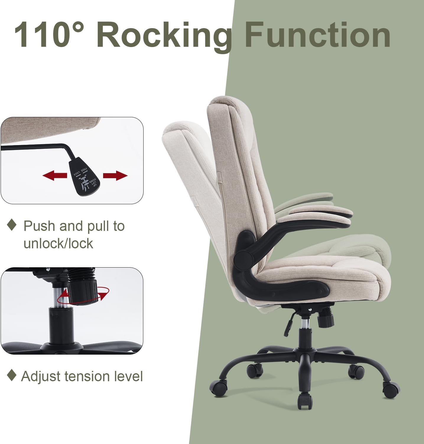 CASTLOVE Bürostuhl, Ergonomischer Schreibtischstuhl, Chefsessel mit gepolsterten Armlehnen, klappbar, Höhenverstellung, Wippfunktion und Kopfstütze, bequem für Zuhause, Büro, Bürostuhl, 150 kg, beige Stoff – Bild 7